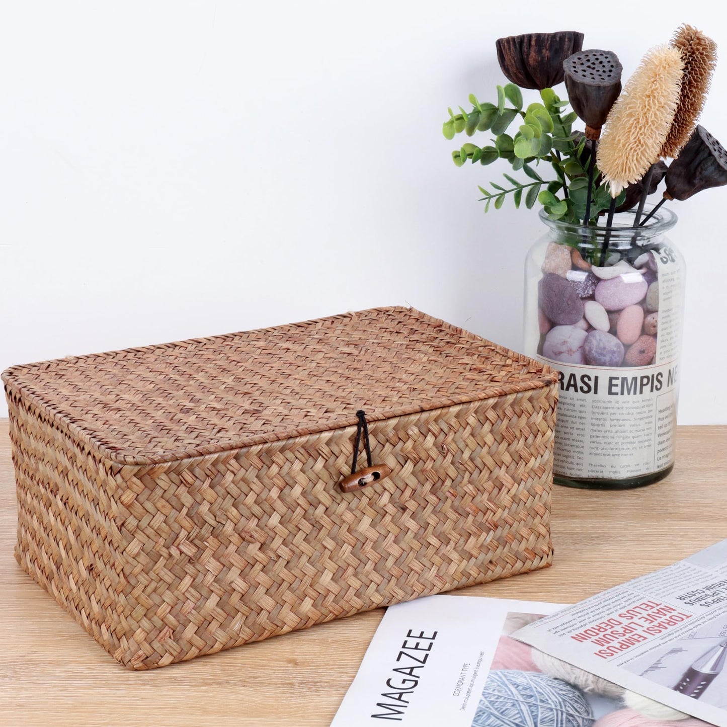 FEIALNDUO Wicker Shelf Baskets with Lid,Seagrass Storage Basket Bins Rectangular Handwoven Basket Boxes for Shelves Desktop Home Organizer