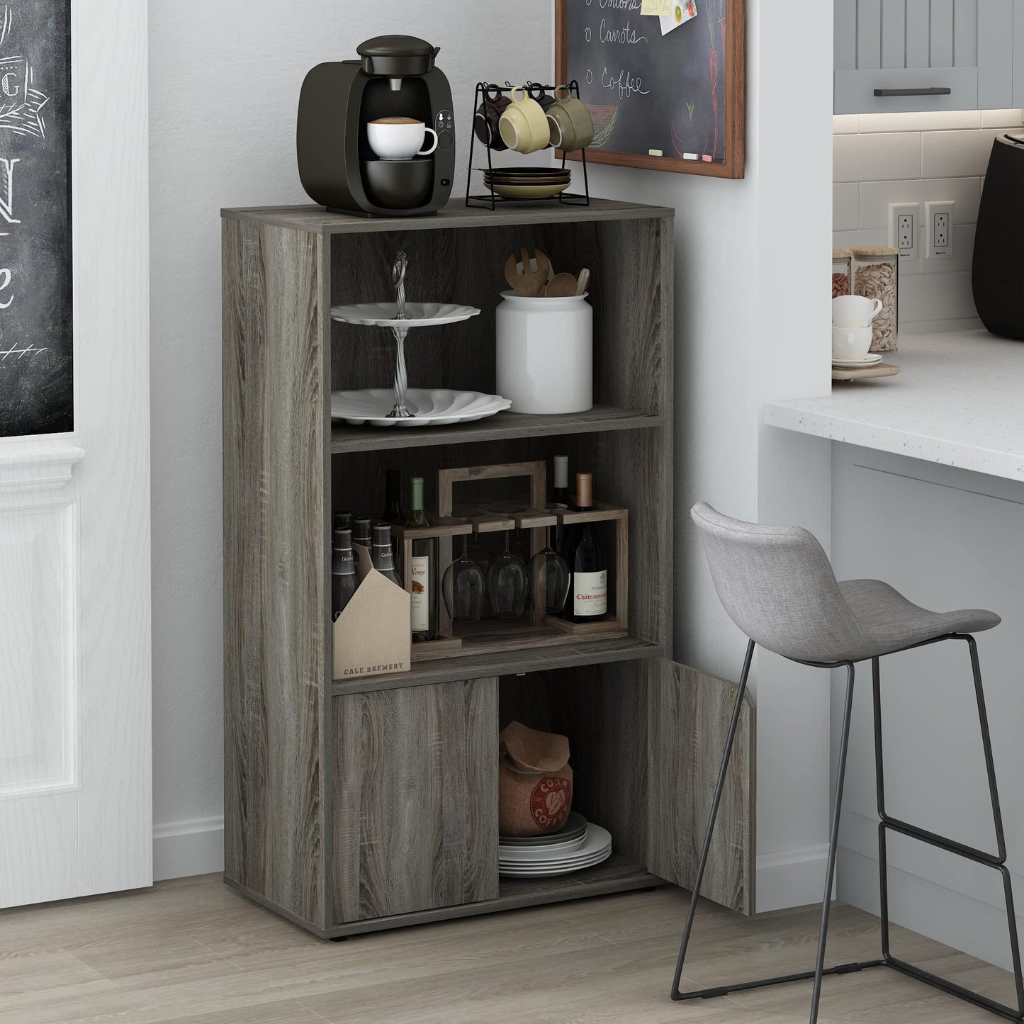 Furinno JAYA Pantry Organizers, 3-Tier Kitchen Cabinet, Coffee Bar, Kitchen Storage with Open Shelves and Closed Cabinet