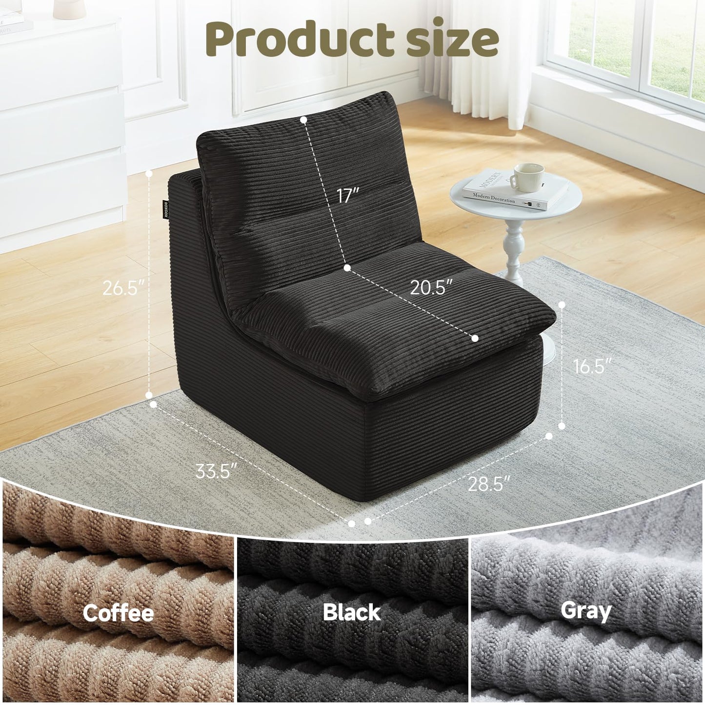 ROXGOX Boneless Chair Small Lounge Chairs for Adults, Memory Foam Single Sofa Bean Bag Chair for Living Room, Bedroom, Gaming Reading