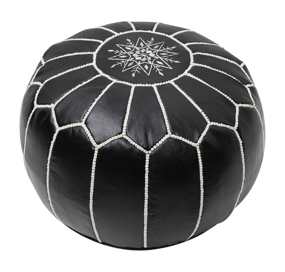 ESSENCE OF MOROCCO Moroccan Pouffe Pouf Footrest Footstool Ottoman Real Leather Black and White Handmade Hand-stitched with Embroidered Marrakech