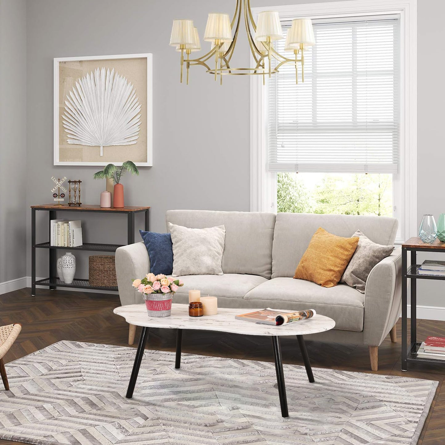 FEUFOAM Farmhouse Coffee Tables Cloud Shape Mid-Century Sofa Table Unique White Wood Grain Tabletop Floor Table Rustic Decorative Sofa Center Table
