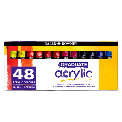 Daler-Rowney Graduate 22ml Acrylic Paint Set, 48 Assorted Colours, High Lightfastness, Water-Based, Solvent-Free, Ideal for Student Artists &