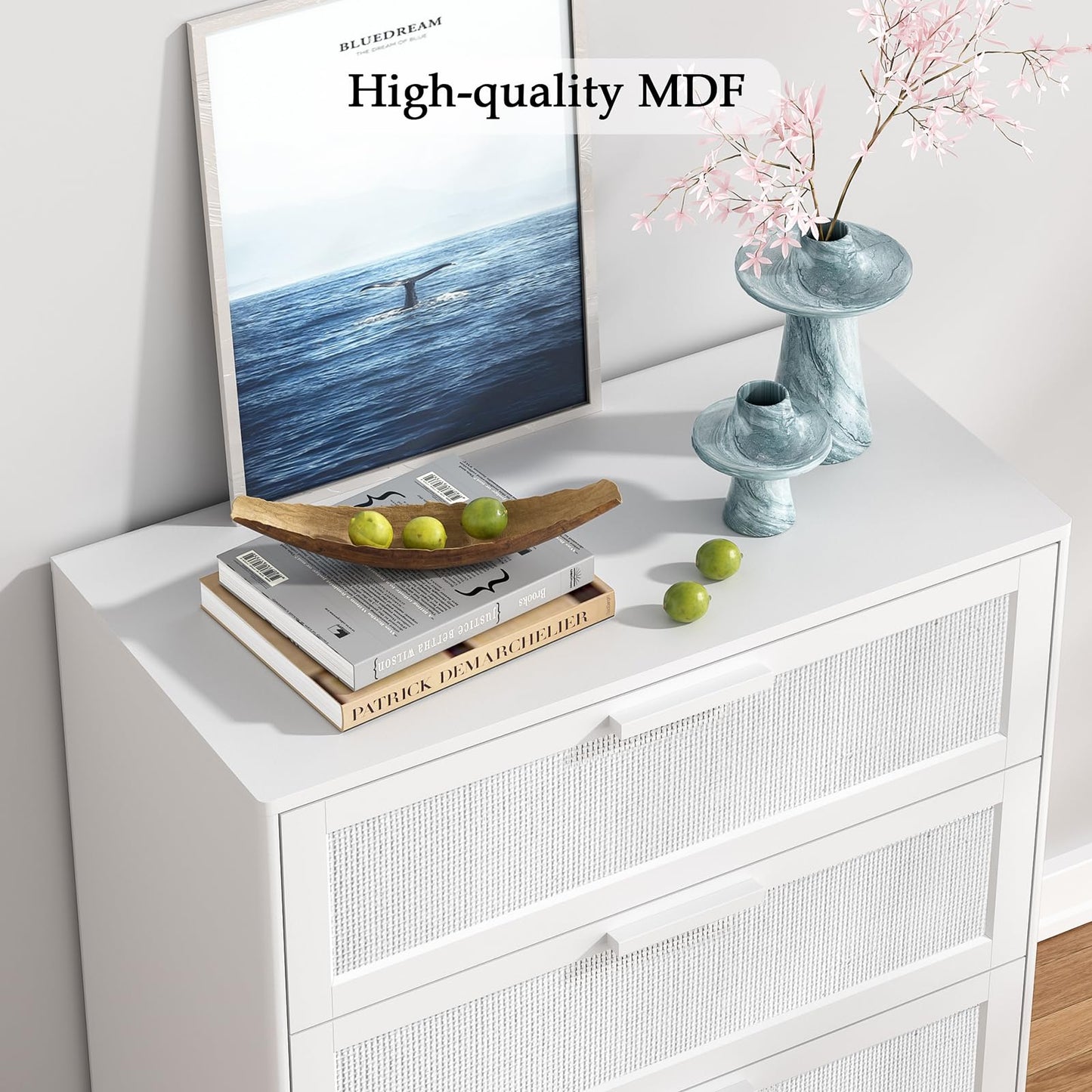 Skokliz White Chest of Drawers for Bedroom, Rattan 3 Drawer Storage Organiser Unit with Spacious Storage Cabinet, Nursery Furniture, Living Room