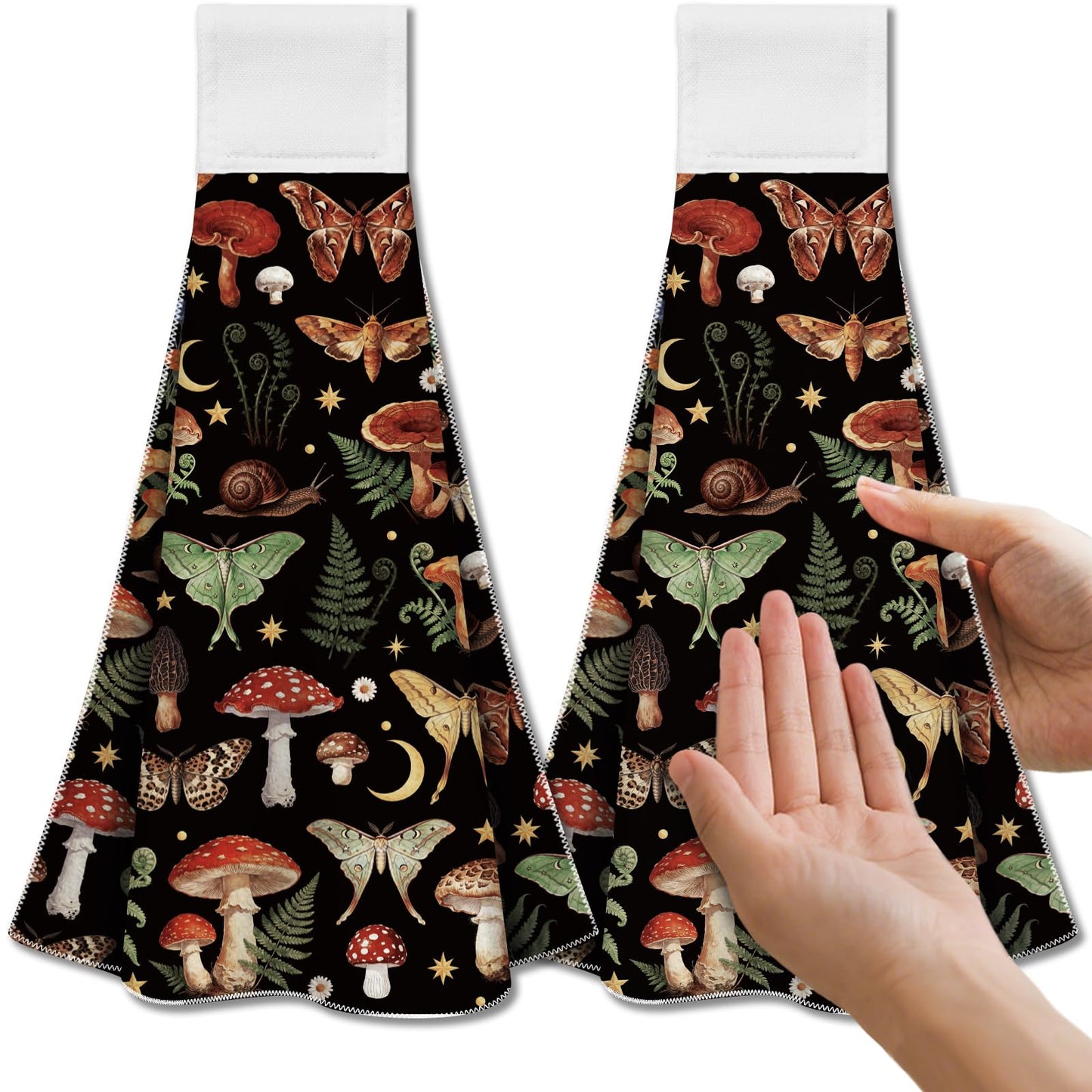 CUTHOLLOW 2 Pcs Mushroom and Moth Hanging Kitchen Towels with Loop