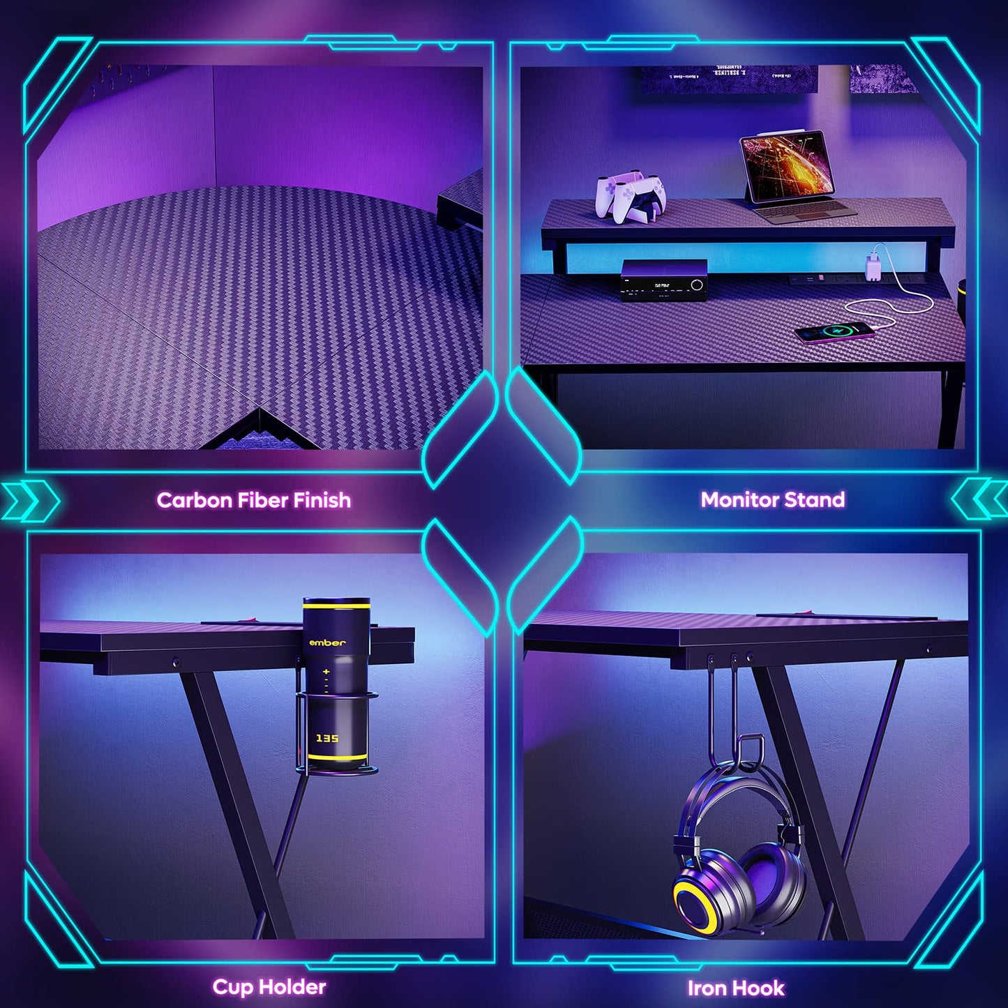 Bestier L Shaped Gaming Desk Computer Desk with LED Lights Monitor Stand 130CM Corner Desk with Cup Holder Headset Hook Ergonomic for Home Office
