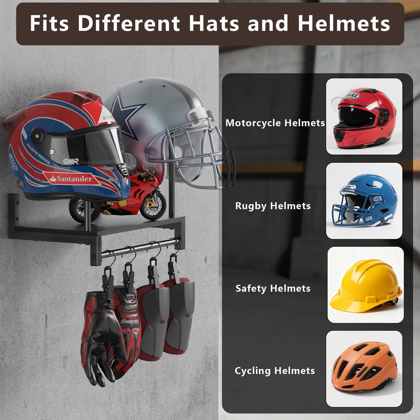 THYGIFTREE Helmet Holder, Helmet Rack Wall Mount Motorcycle Helmet Stand, Versatile Motorbike Accessories Storage for Motorbike, Football, Baseballs