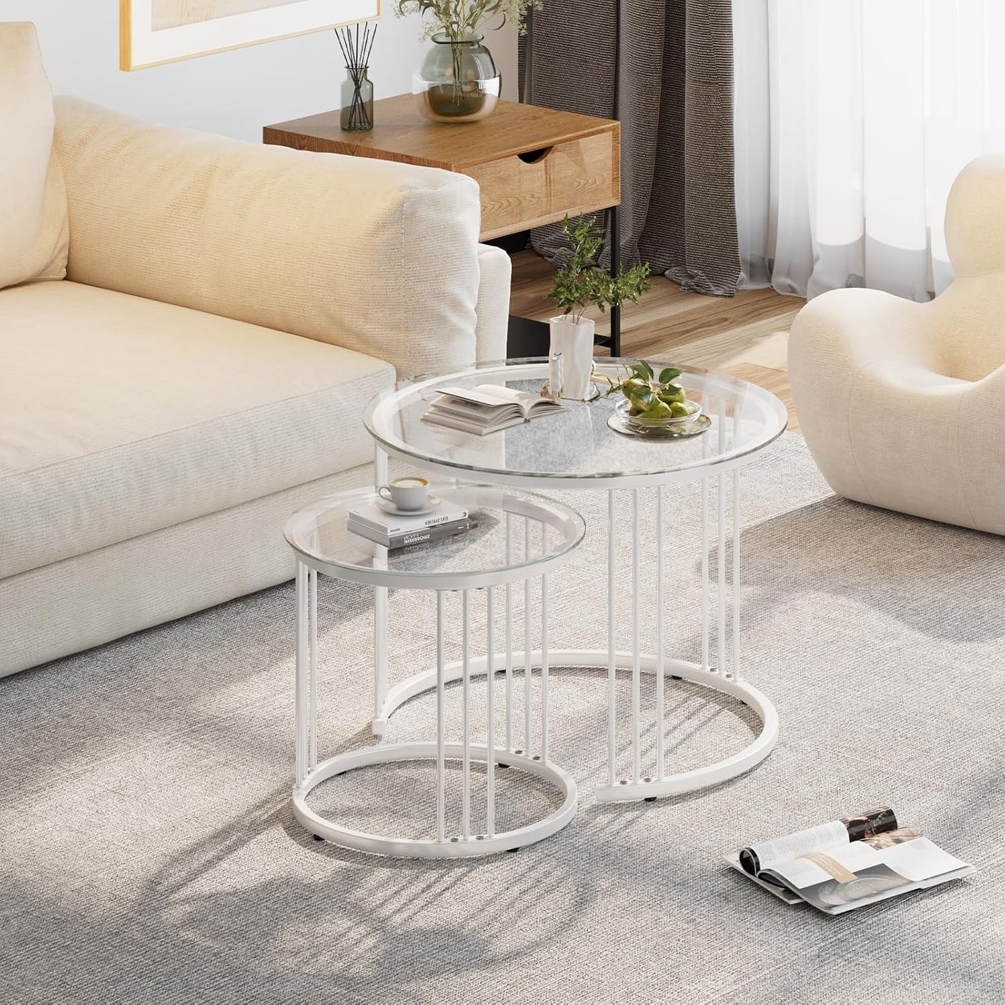 Huhote Round Coffee Tables, Set of 2 End Table, Nesting Tables, Side Table with Metal Frame for Living Room/Bedroom/Balcony/Office/Apartment