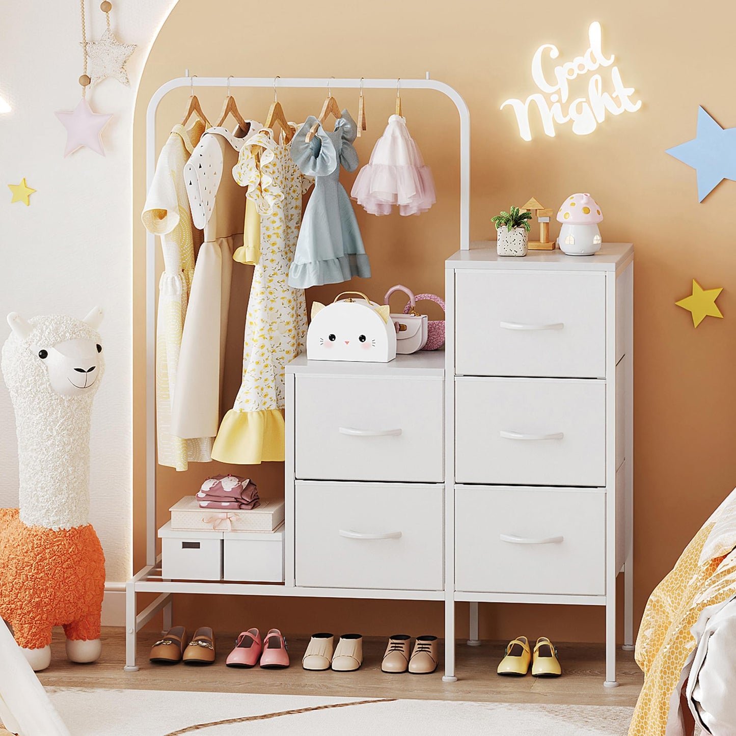 COTUBLR Chest of Drawers Bedroom, Including 4 Fabric Drawers, with a Sturdy Clothes Rail and 2 Coat Hooks