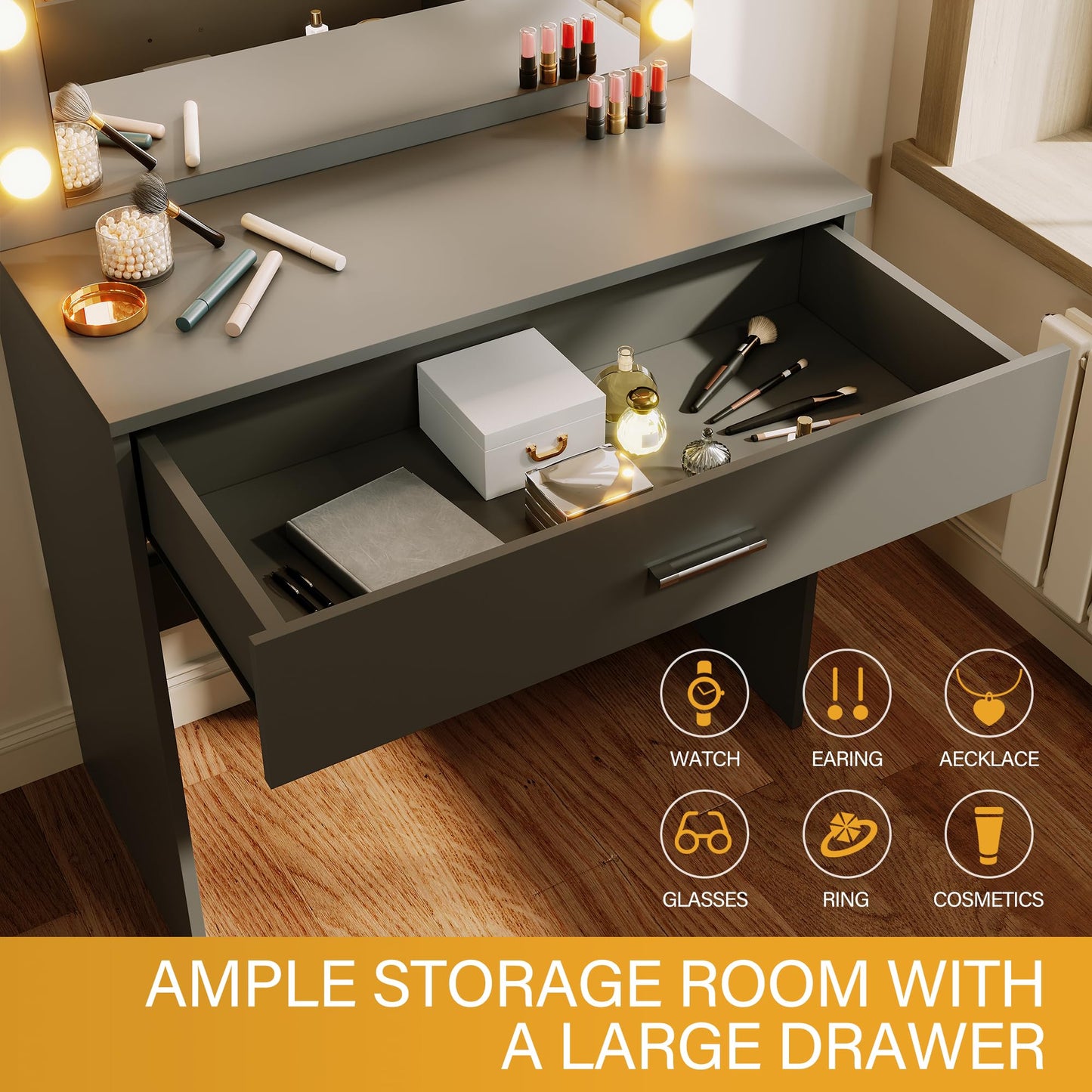ELEGANT Black Dressing Table Set with Hollywood LED Mirror, 40x80x140cm