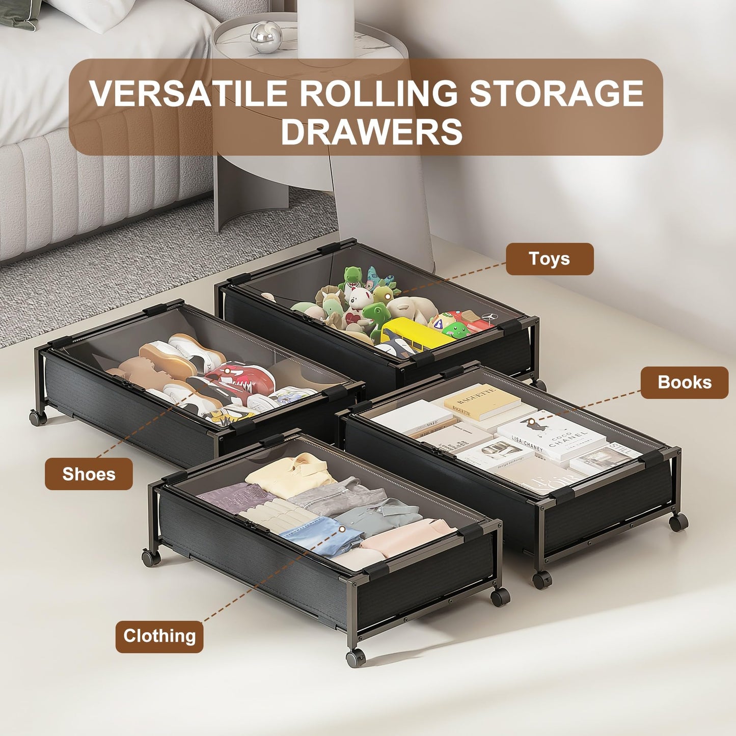 JEPEErbz Under Bed Storage with Wheels and Lid, Rolling Under Bed Drawers for Clothes, Shoes, Blankets, Toys (Black)
