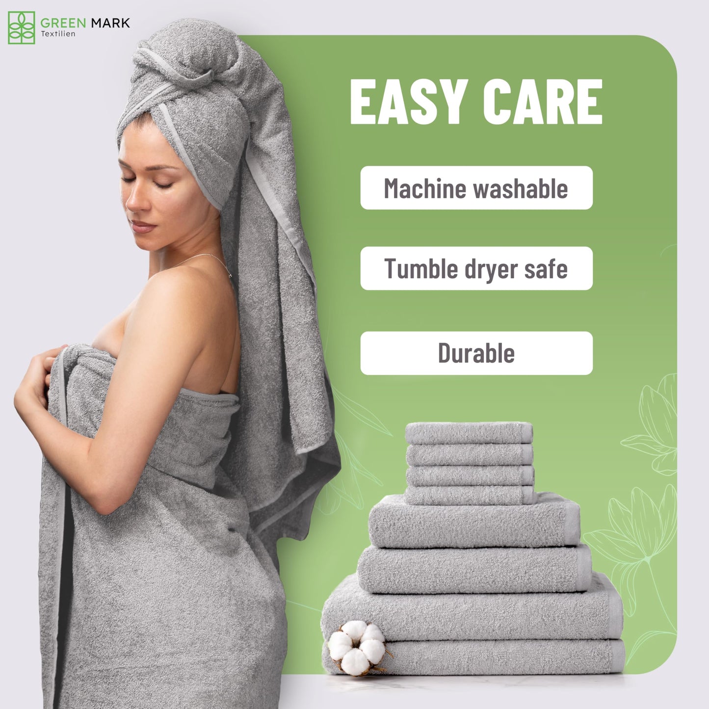 NatureMark 8-Piece Terry Towel Set with Various Sizes – 4 Guest Towels, 2 Hand Towels, 2 Bath Towels | Colour: Silver Grey | 100% Cotton