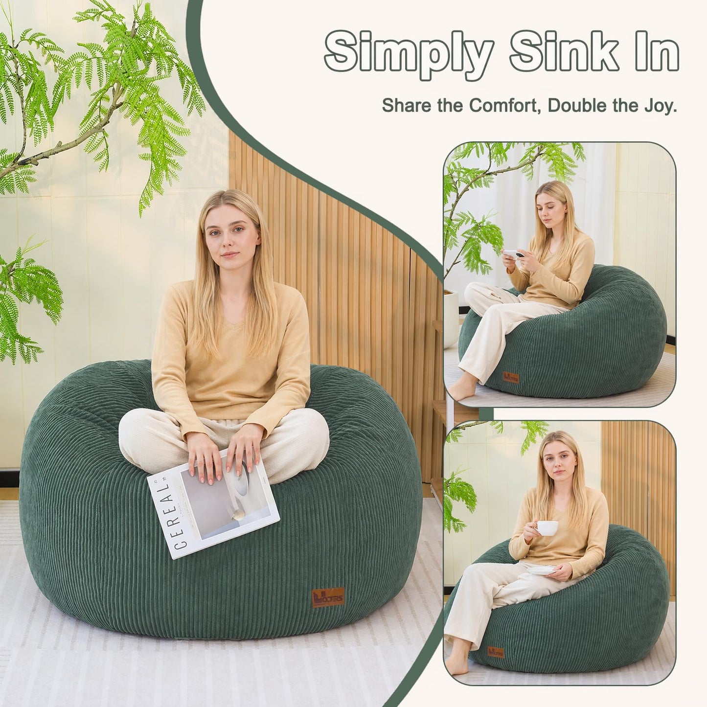 UODERS Oval Bean Bag for Adults Kids & Teens, Large Bean Bag Chair with Corduroy Cover with Handle