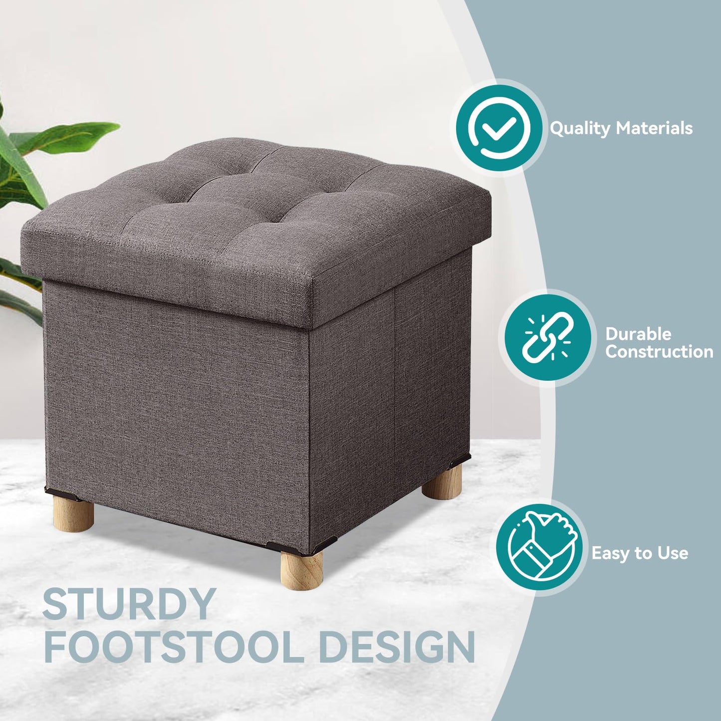 BRIAN & DANY Folding Storage Ottoman with Wood Legs, Linen Foot Stool, Storage Chest with Highly Elastic Sponge Filling, Brown, 38 x 38 x 38 cm