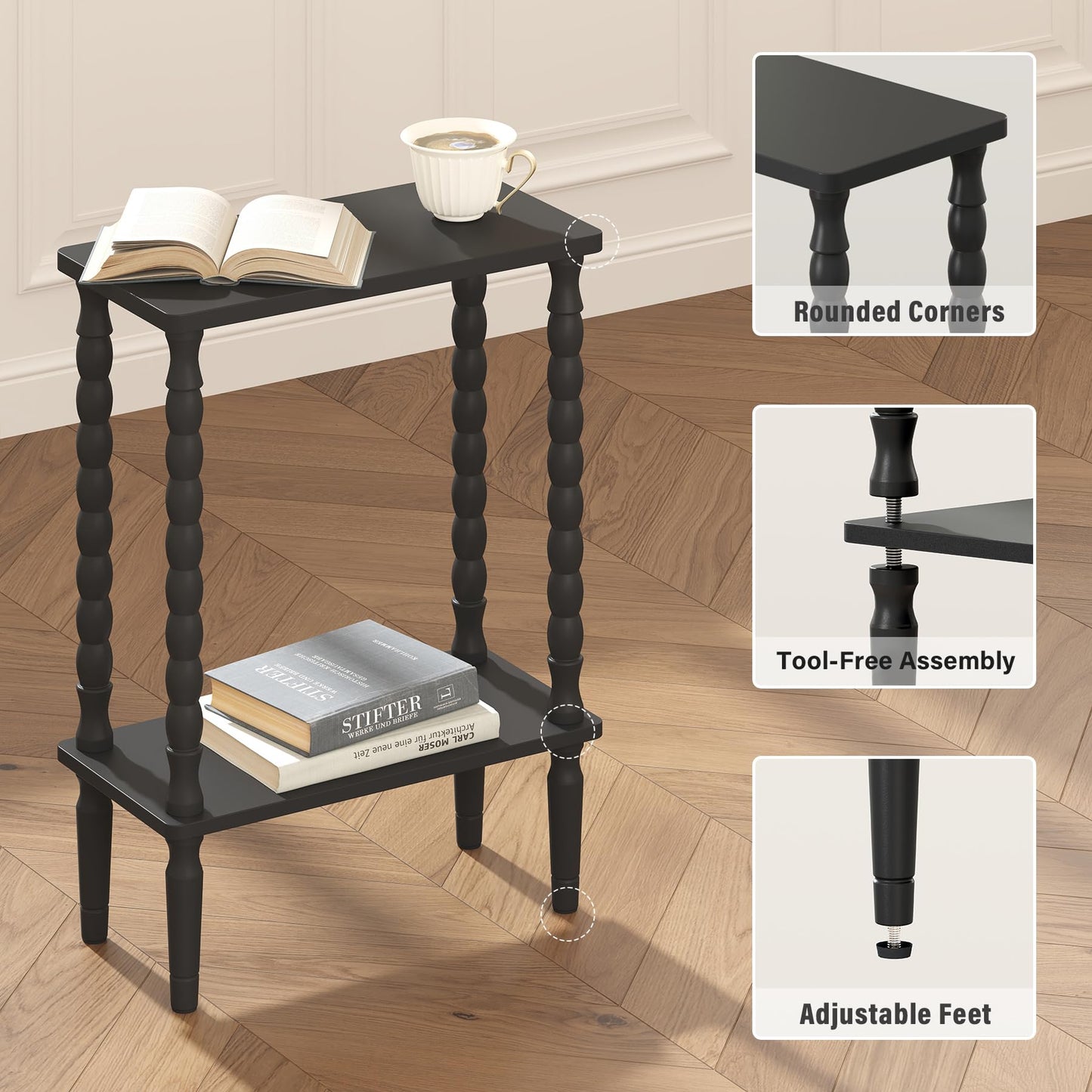 TUTOTAK Narrow Side Table, 2-Tier Small End Table with Storage, Slim Skinny Nightstand for Small Spaces, Living Room, Bedrooms, Black TB01BK001EU