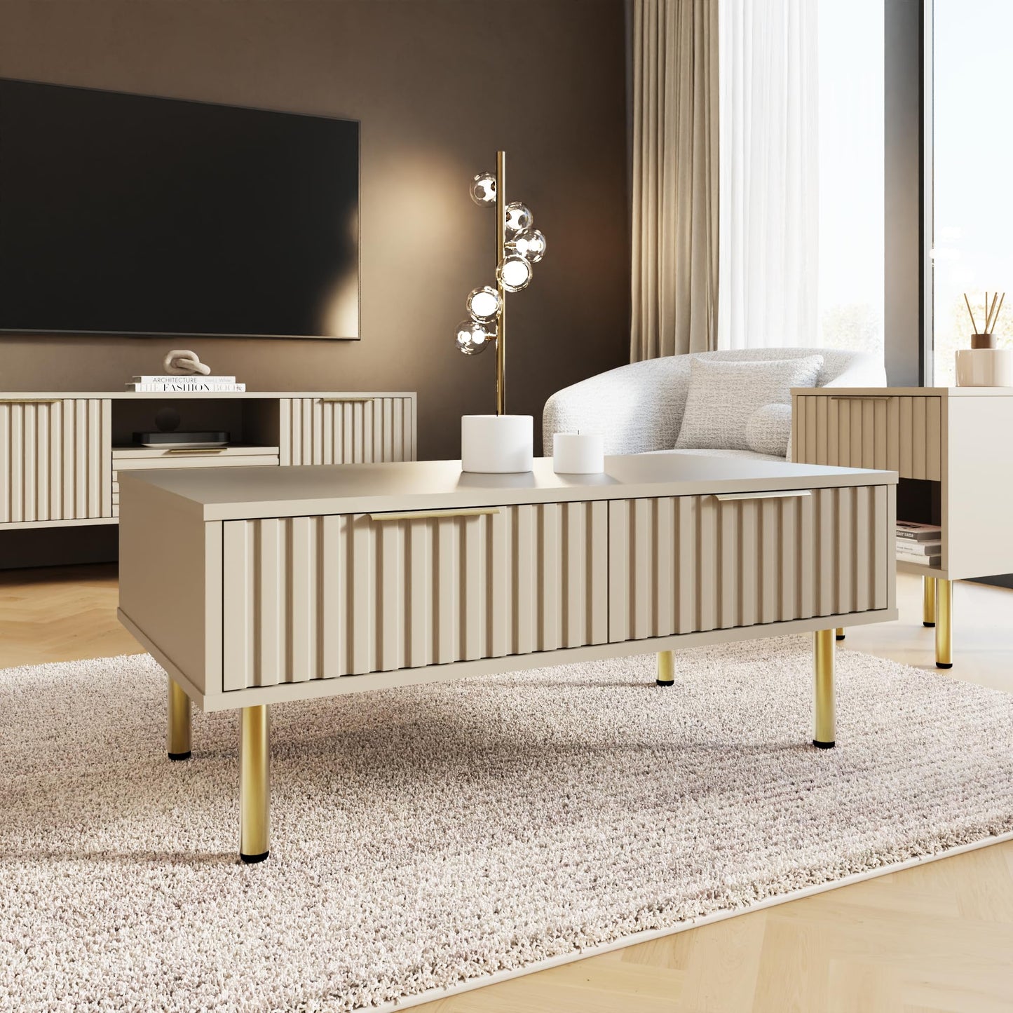 GFW Nervata Coffee Table with 2 Drawers, Oak Effect Living Room Table with Gold Accents & Wood Grain Finish