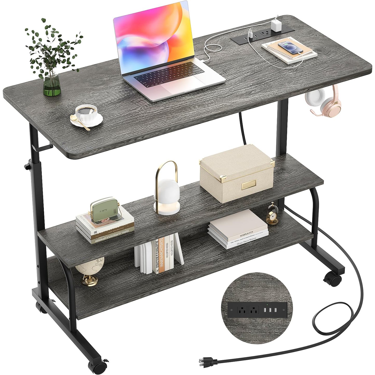 iSunirm Rolling Desk Adjustable Height Standing Desk with Power Outlets & USB Ports, Portable Desk on Wheels, Small Table for Home Office