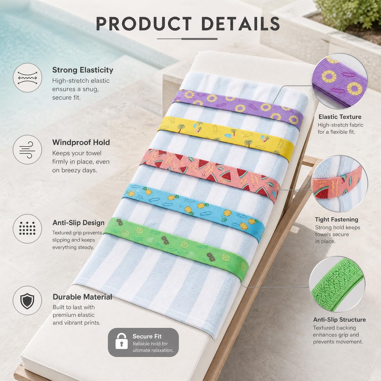 5 Pcs Towel Clips for Sun Loungers, Elastic Bands for Sunbed Towel, Windproof Sun Lounger Straps for Sun Loungers Pool Beach Chairs