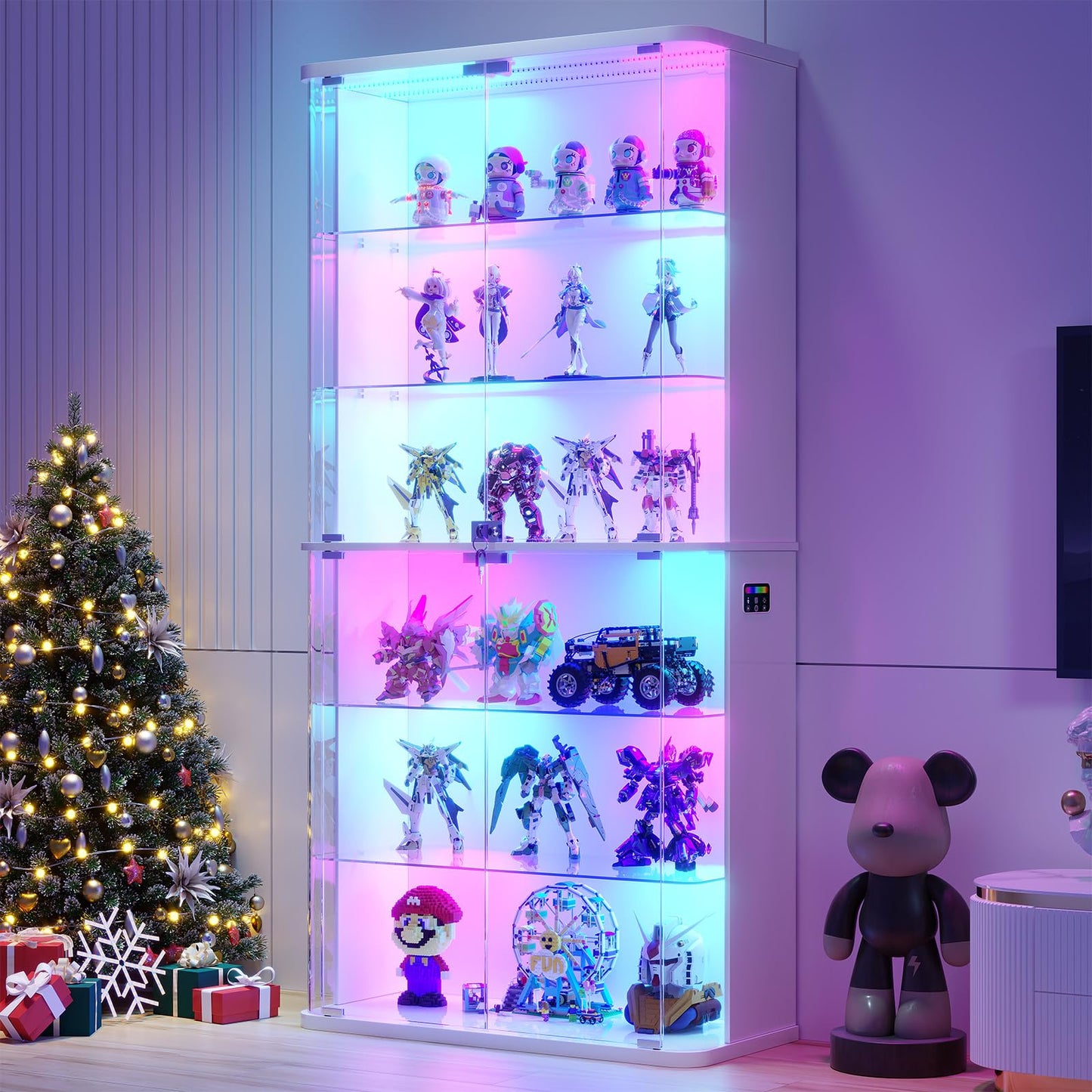 FREDEES Display Cabinet with Glass Doors and RGB Light, 6-Tier, White