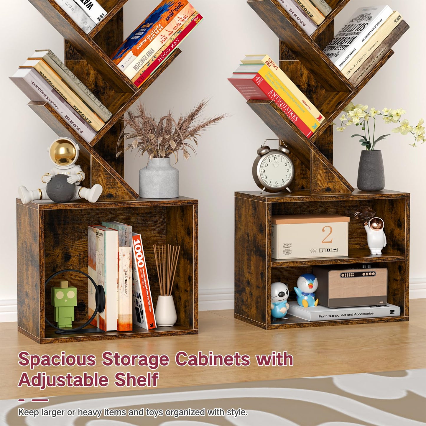 OUTONLIFE 9 Tier Tree Bookshelf with Light and Cabinet, Remote & Timer