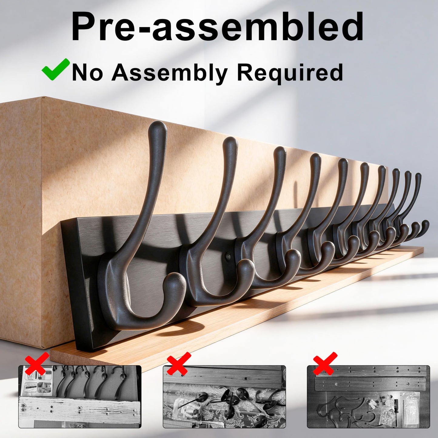 HONSKY Wall Coat Rack with 8 Double Hooks,Wooden Coat and Towel Hanger Storage for Entryway, Bathroom, Bedroom, Garage,Garage,Black Base/Black Hook