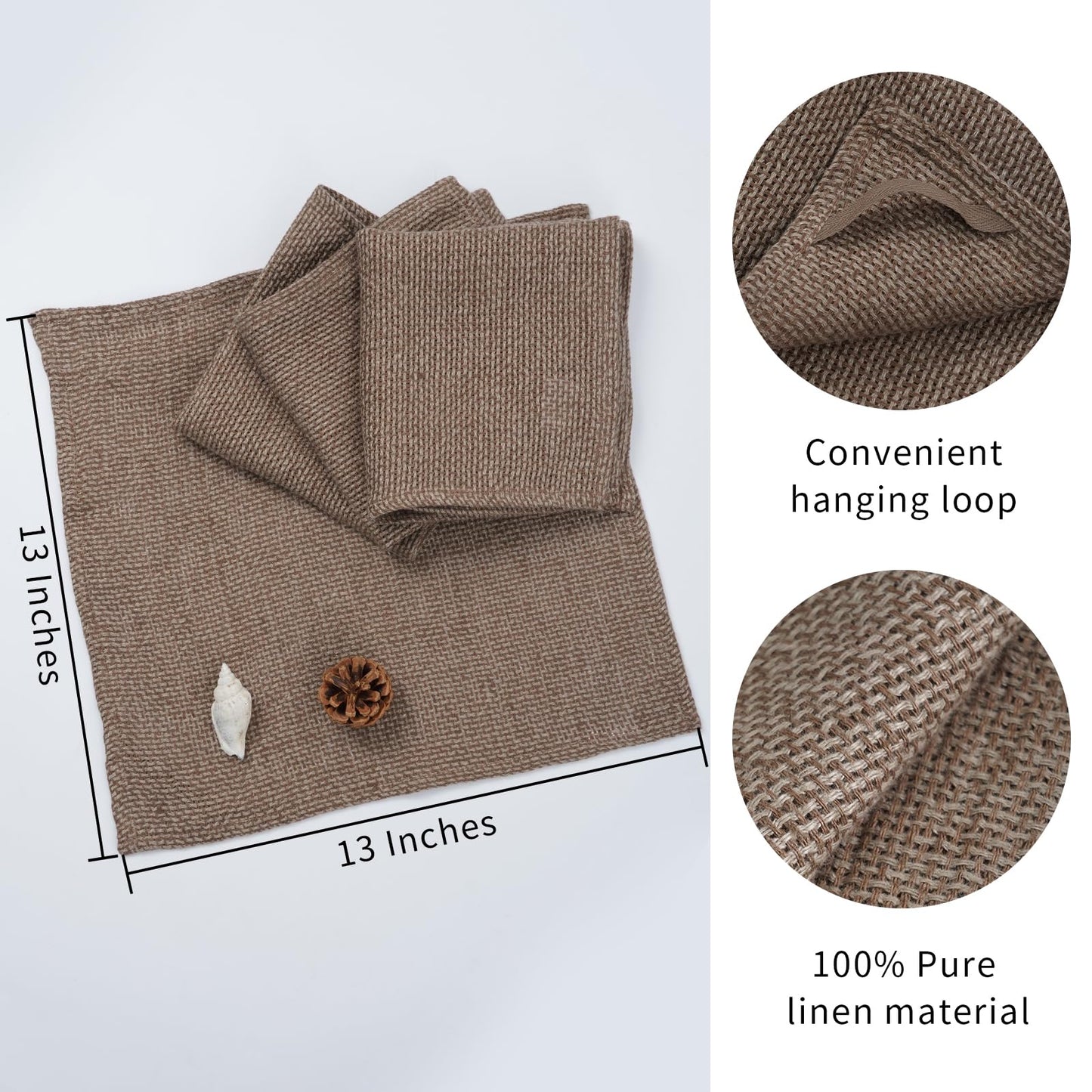 HSOFTIFY 100% Linen Face Cloth for Washing 4 Pack with Hanging Loop, Coffee