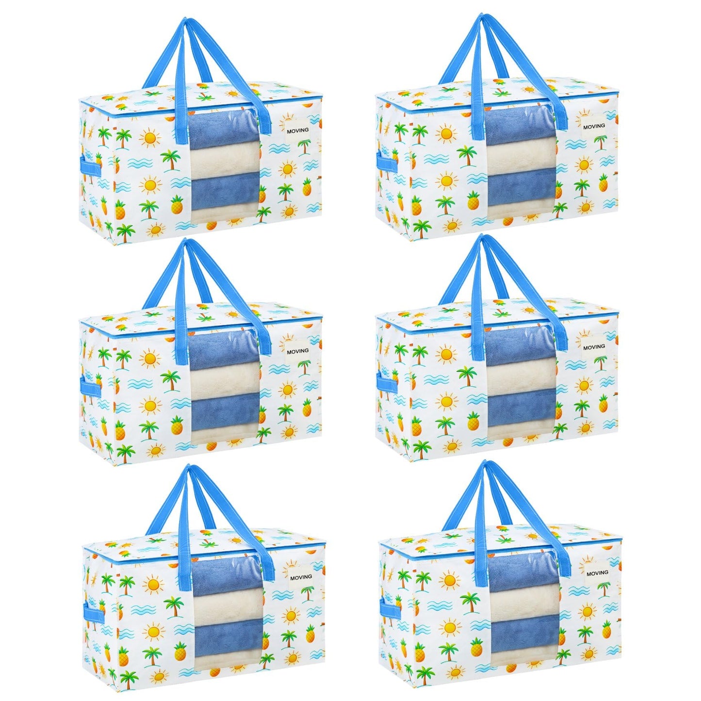 VENO 6 Pack Heavy Duty Moving Bags with Clear Window, Tropical Island, Storage Bags for Clothes and Comforter