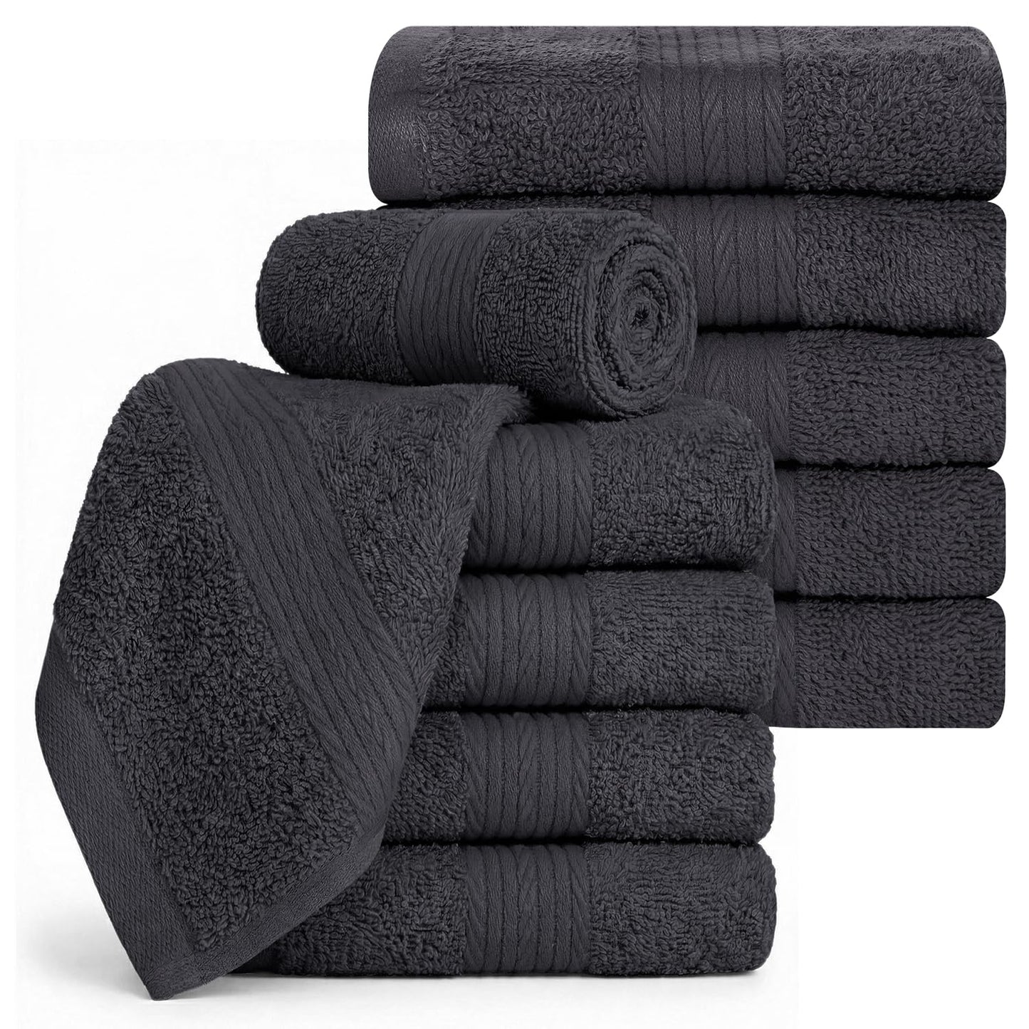 Ample Decor Cotton Washcloths Set 10, 30 X 30 cm, 100% Cotton Premium Quality Flannel Face Cloths, Highly Absorbent Fingertip Towels - Grey