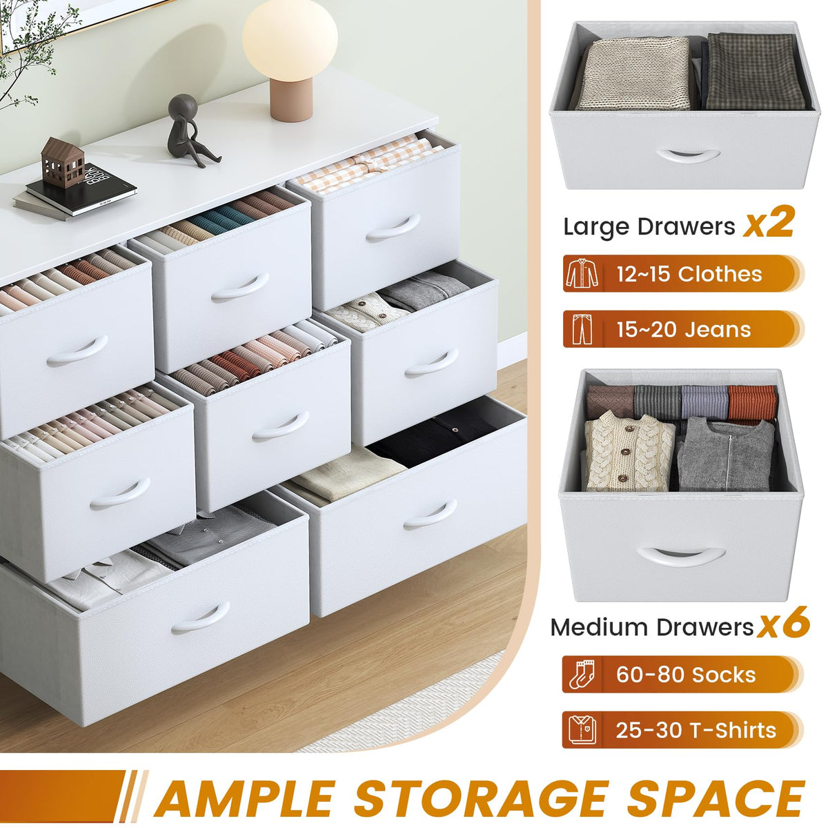 Feonase Chest of Drawers, Bedroom Dresser with 8 Fabric Drawers, Metal Frame & MDF Wood Top, Adjustable Feet, Storage Organizer Unit for Bedroom