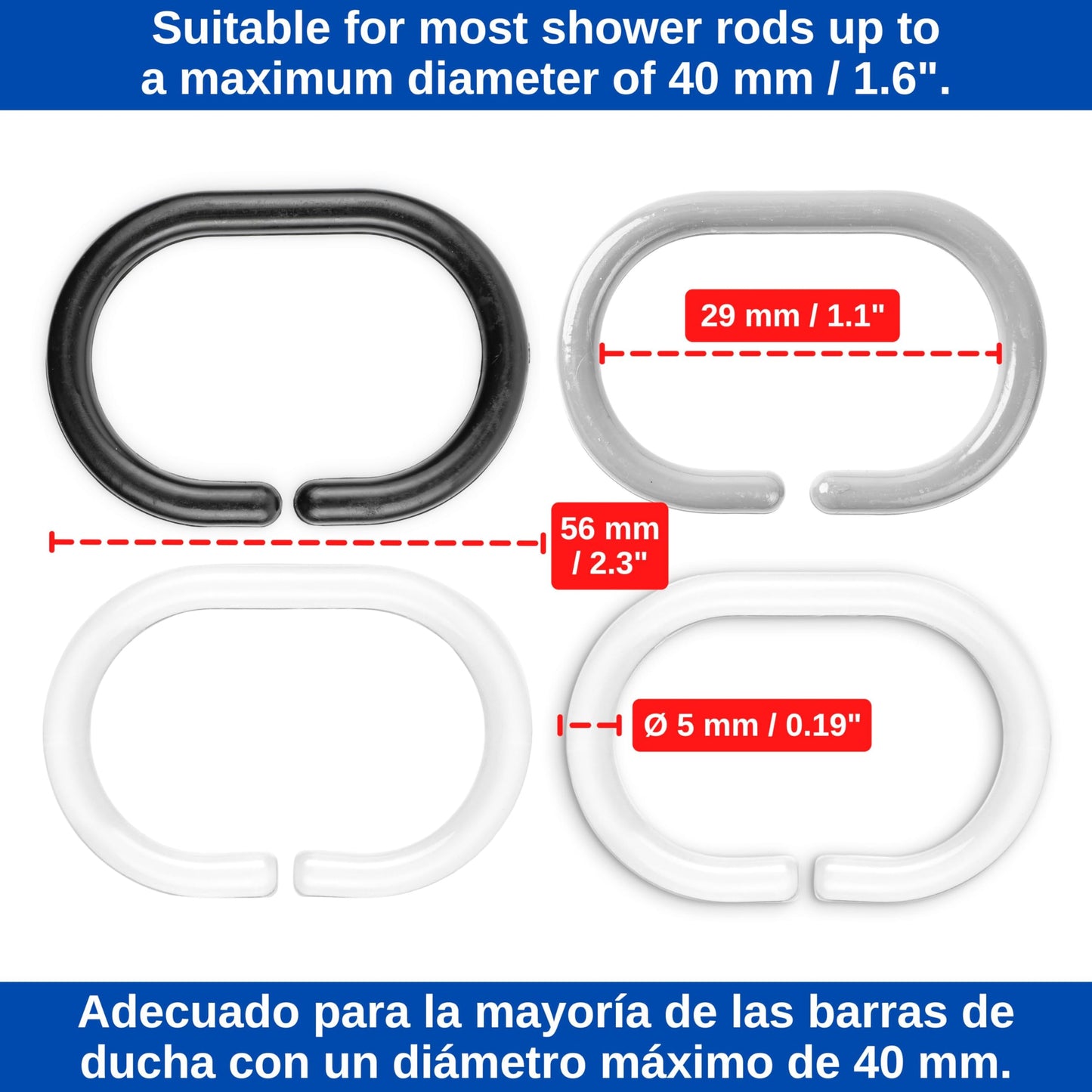 Shower Curtain Rings, 24 Pack, in Black, Inner Diameter 1.8 x 1.1", for Shower Curtain Rods, sturdy plastic shower rings, hooks for shower curtains