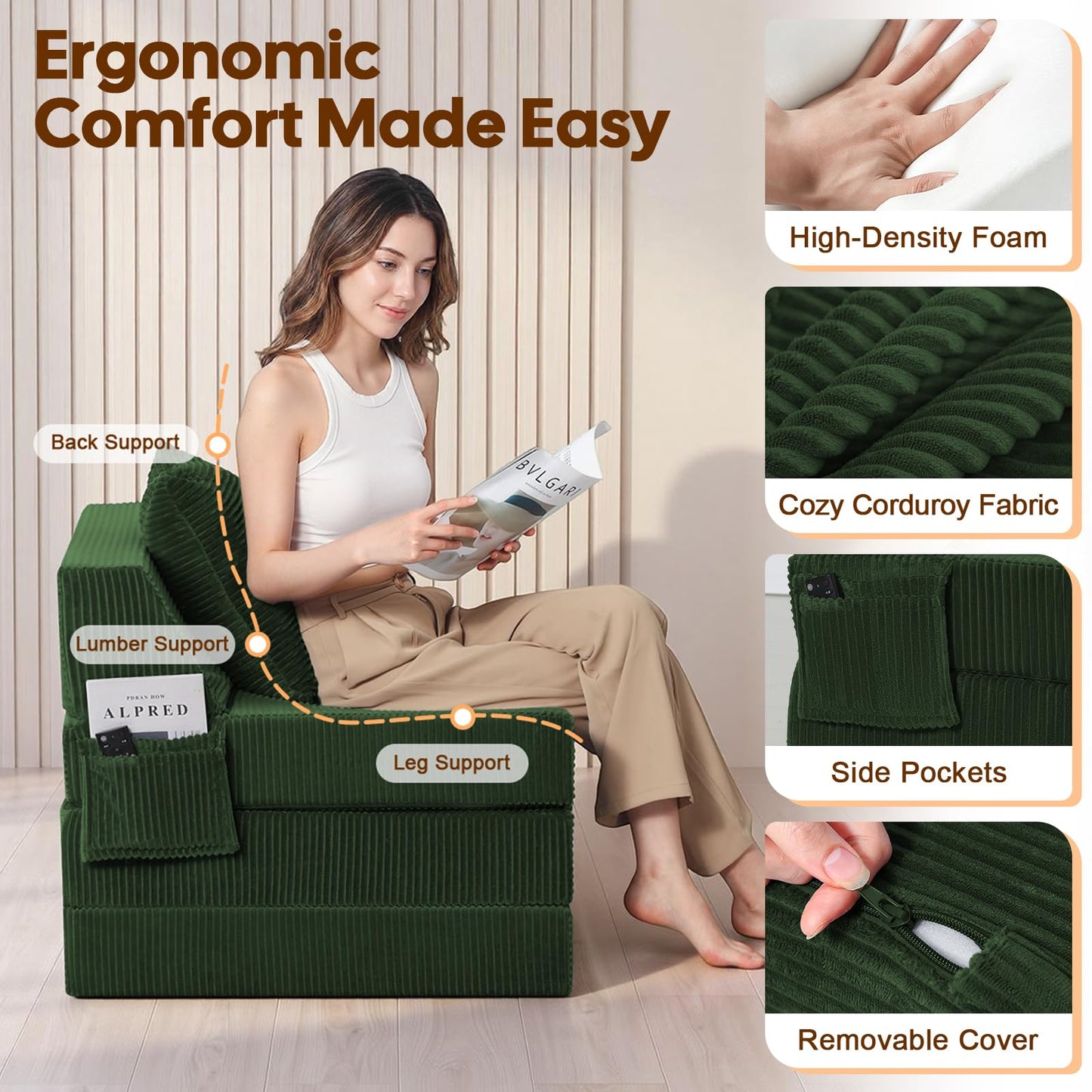 MeMoreCool Single Folding Sofa Bed, Convertible Boneless Couch, Green
