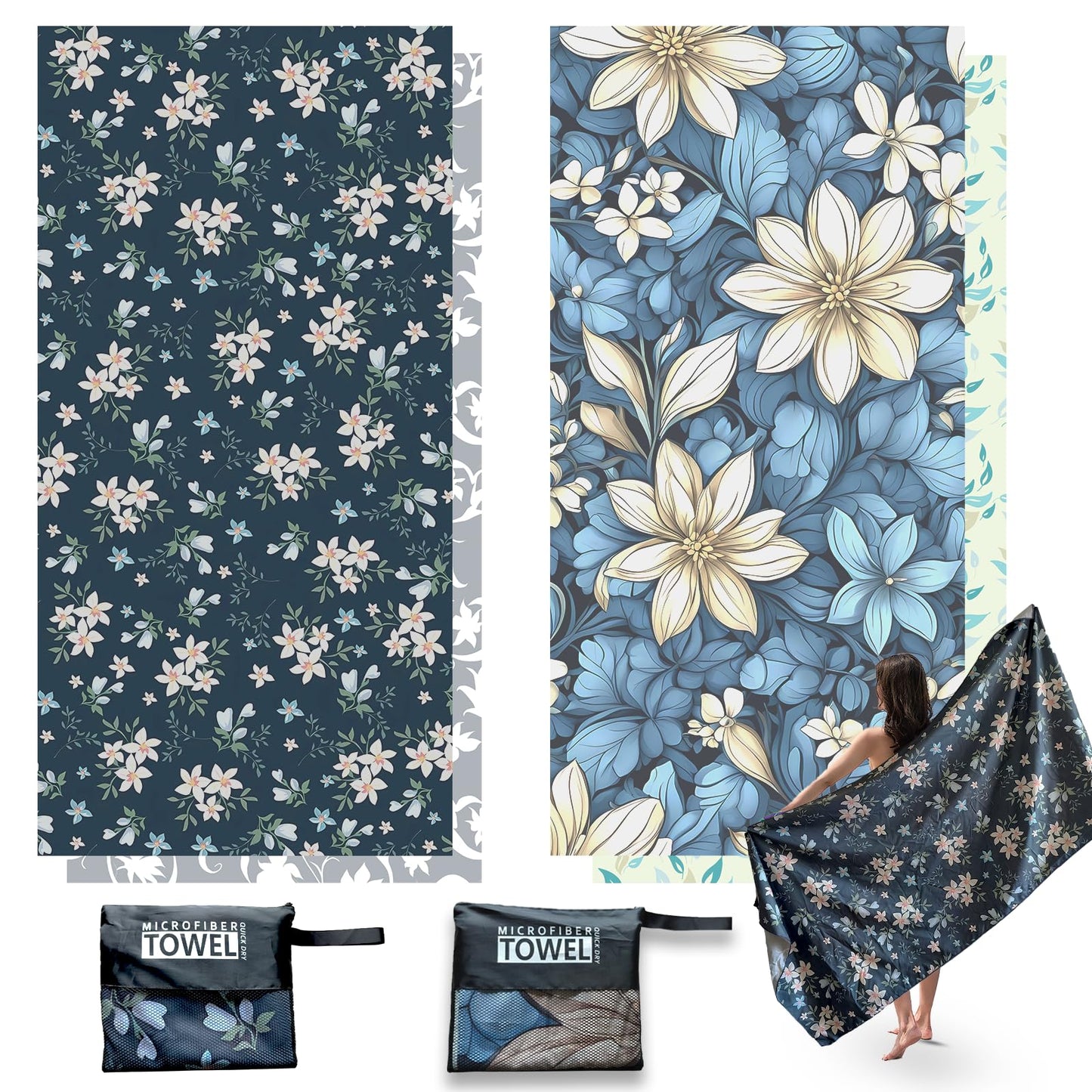 Anavasi 2 Pack Microfibre Beach Towels for Adults, 180 x 90 cm with Net Bag