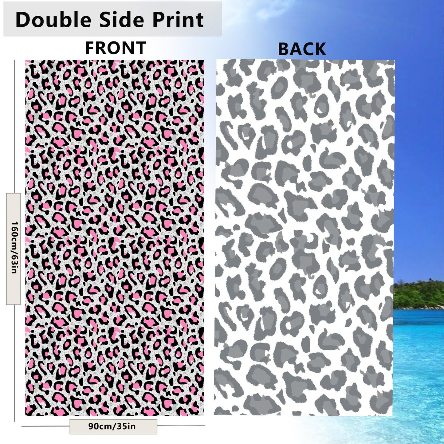 Large Microfibre Beach Towel for Adult,160x90cm Double Side Pink Gray Leopard Printed Sand Free Beach Towel,Lightweight Quick Dry Travel Swim Towel