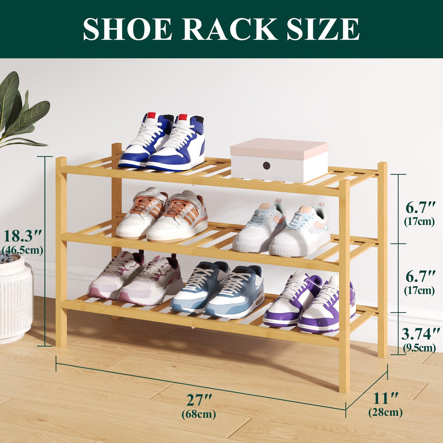 smiry Natural Bamboo Shoe Rack, 3 Tier Wooden Stackable Shoe Storage Organiser, Free Standing Shoes Storage Shelf for Entryway, Hallway, Small Spaces