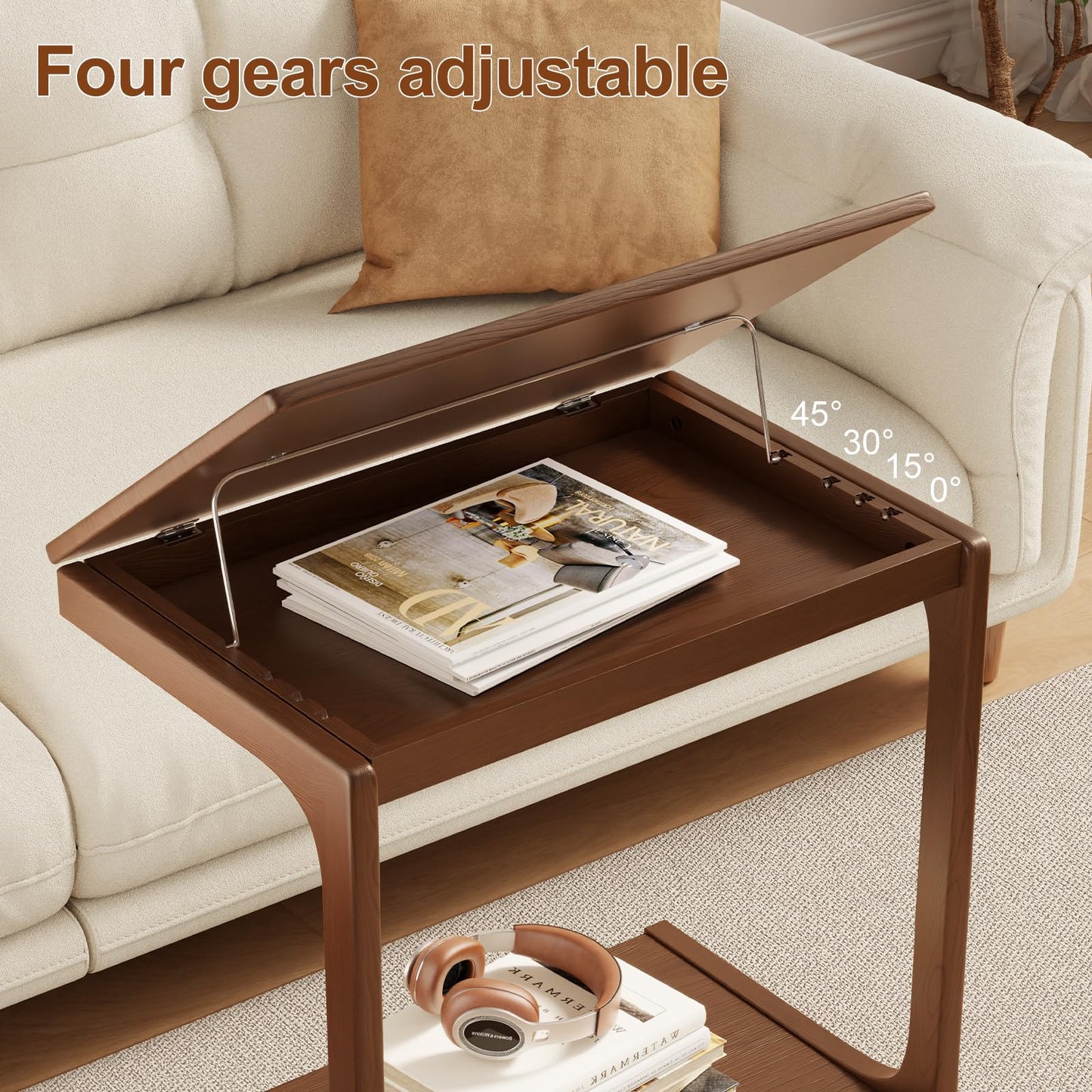 AQIMUELE Wooden C-Shaped End Table,Couch Table with Adjustable Desktop,Small Rolling Side Table with 2 Lockable Wheels 60 Width,Small End Table for