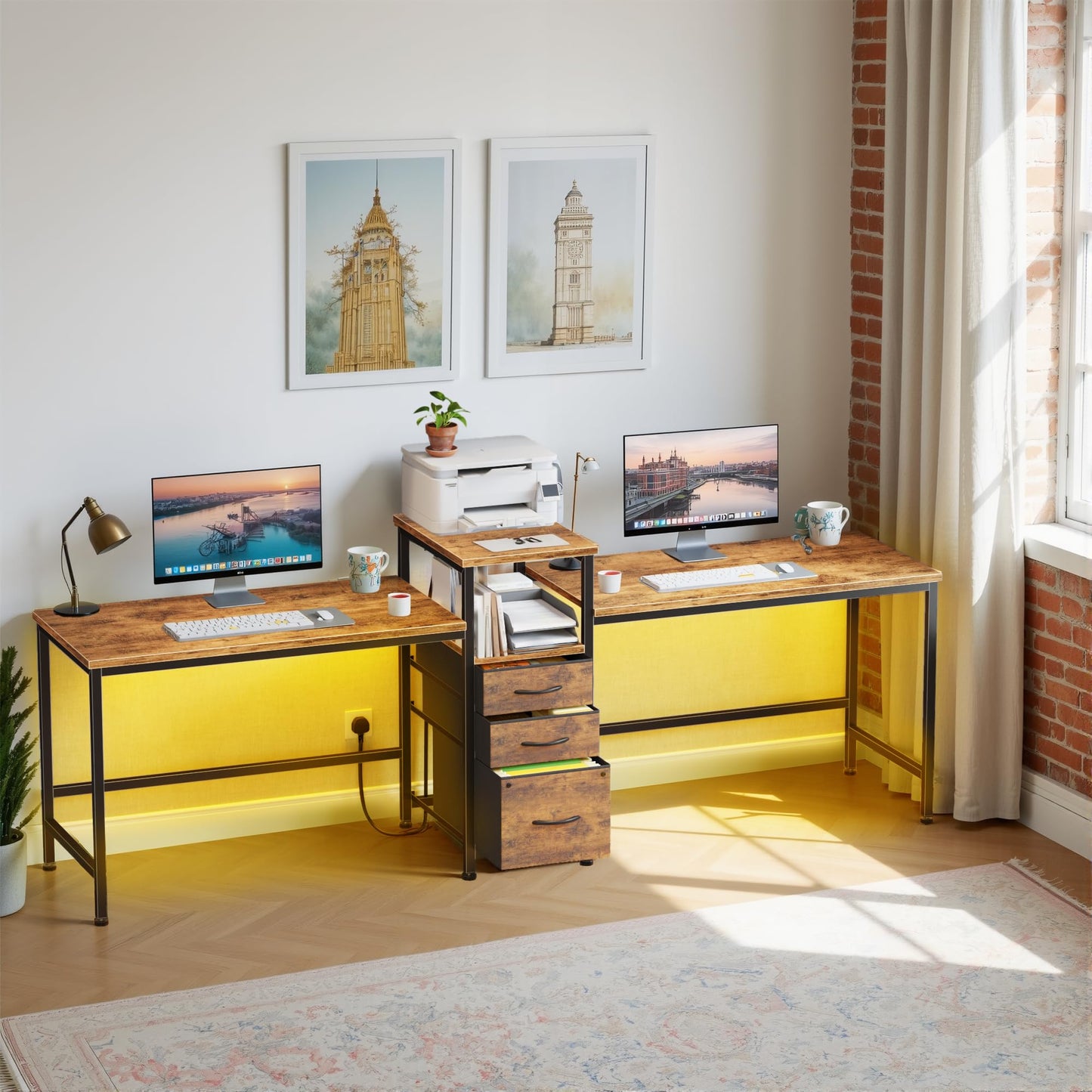 OYRREU 236cm Double Desk with Charging Station, LED & Drawers for 2 Person