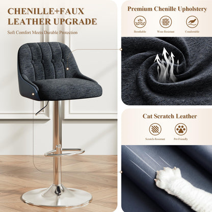 Adjustable Bar Stools Set of 2, Swivel Counter Stools with Backrest, Chenille & Faux Leather Upholstered Bar Chairs