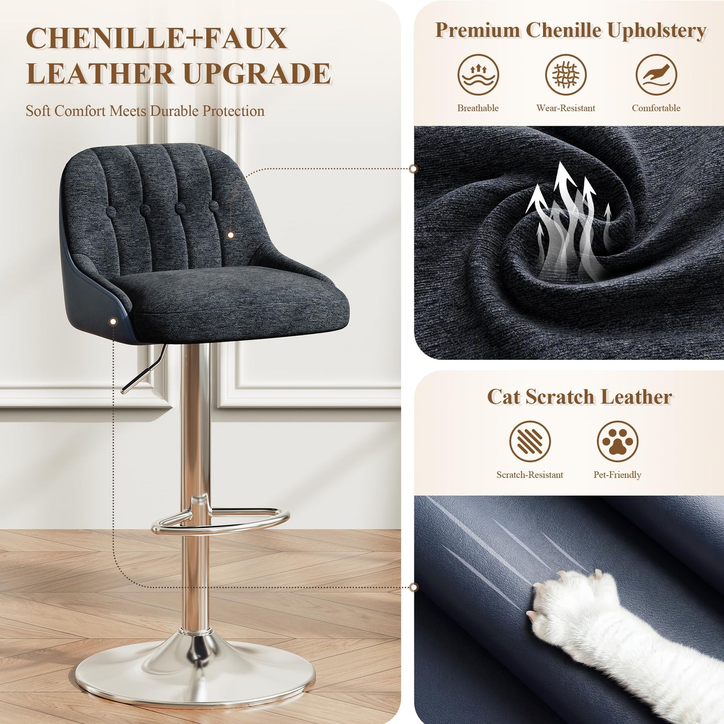 MALOL Adjustable Bar Stools Set of 6, Swivel Counter Stools with Backrest, Chenille & Faux Leather Upholstered Bar Chairs