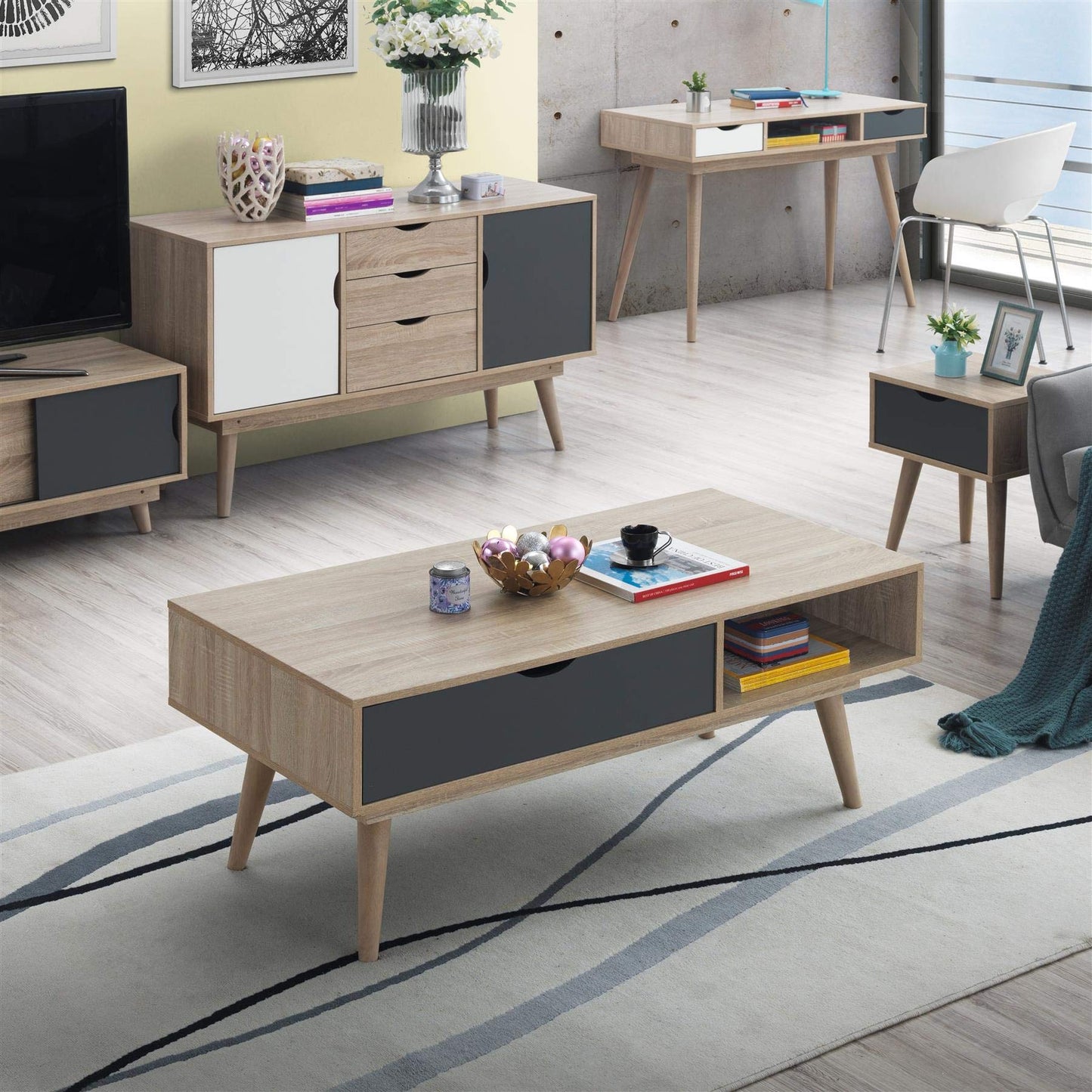 Timber Art Design UK Alford Scandinavian Coffee Table With Drawer and Wooden Legs Storage Shelf Rectangular for Living Room, Home