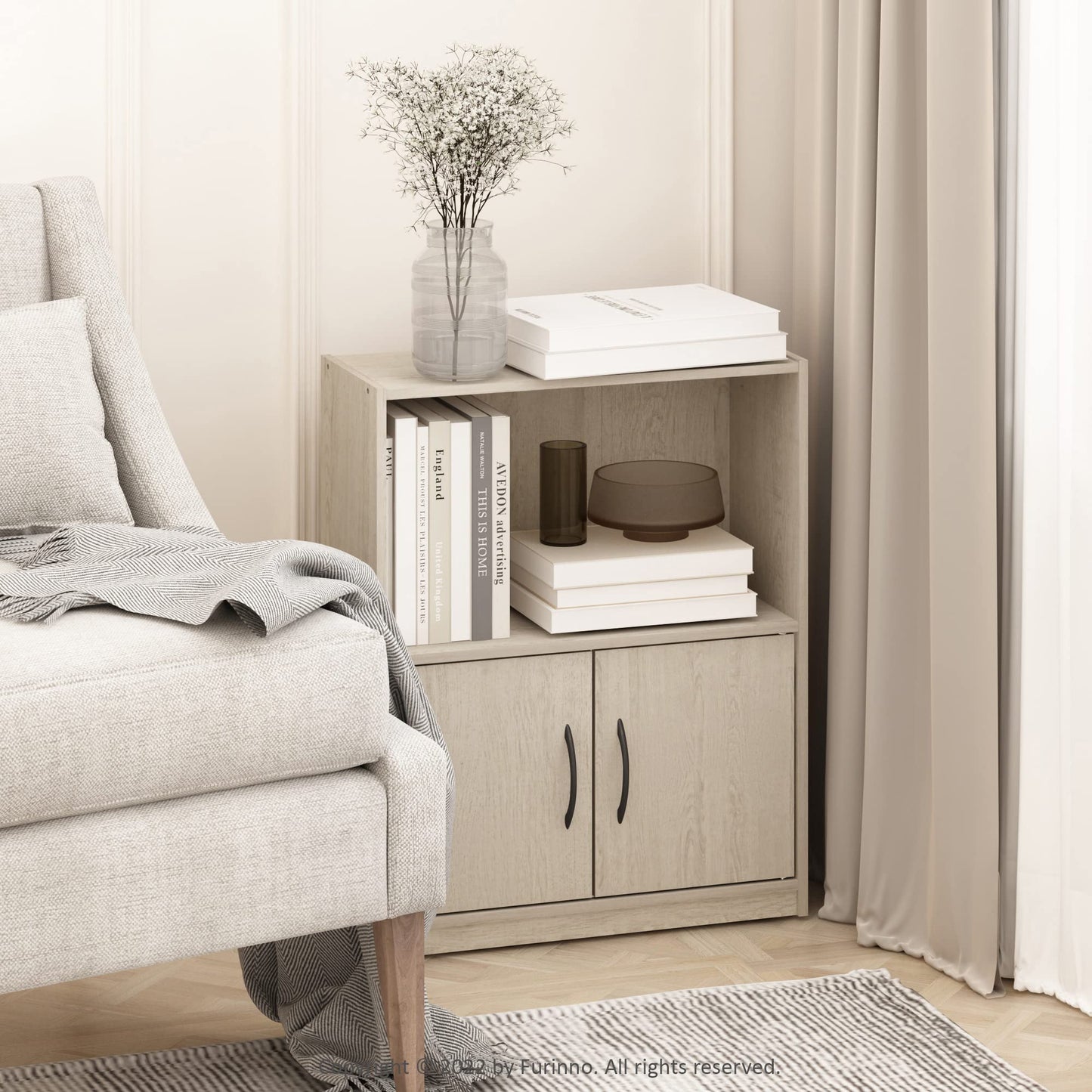 Furinno GRUEN Book Shelf, 2-Tier Bookshelf, Bookcase with Open Shelf with 2 Doors Storage Cabinet, 9.3 x 21.8 x 27, for Living Room, Bedroom