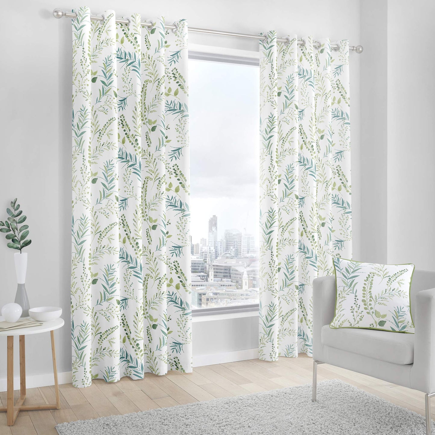 Fusion Fernworthy Leaf Print 100% Cotton Eyelet Lined Curtains, Green, 90 x 72 Inch, Polyester, W229cm (90") x D183cm (72")