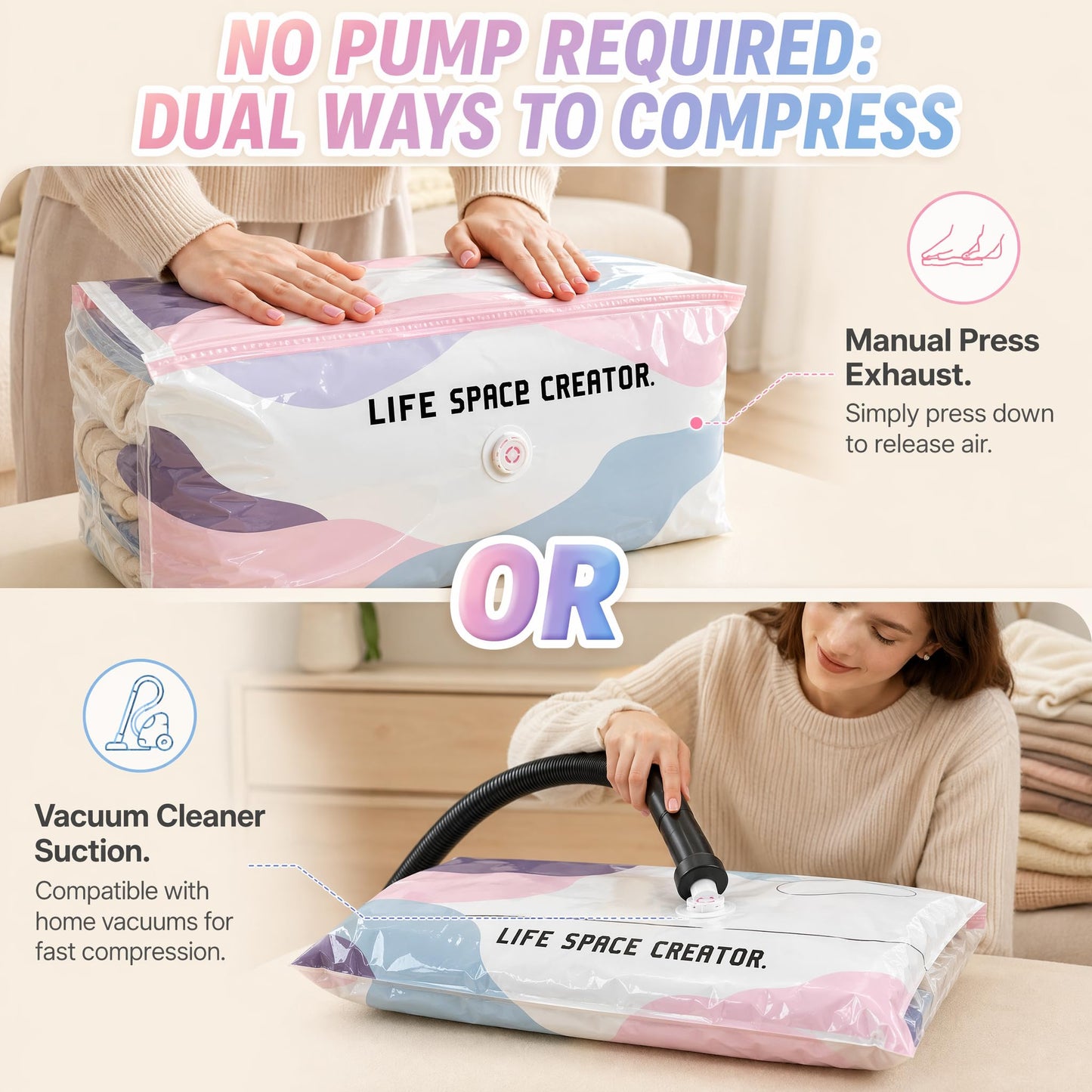 No Pump Vacuum Storage Bags, 4PCS Press and Seal Compression Bags