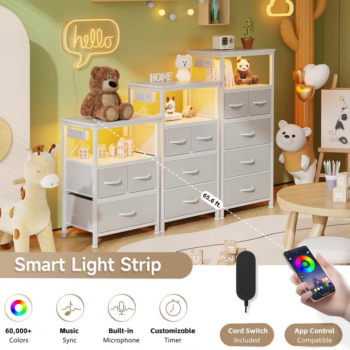 Flrrtenv Bedside Table with LED Light and Charging Station, Bedside Cabinet with 5 Fabric Drawers and Shelf, End Table with Plug for Bedroom
