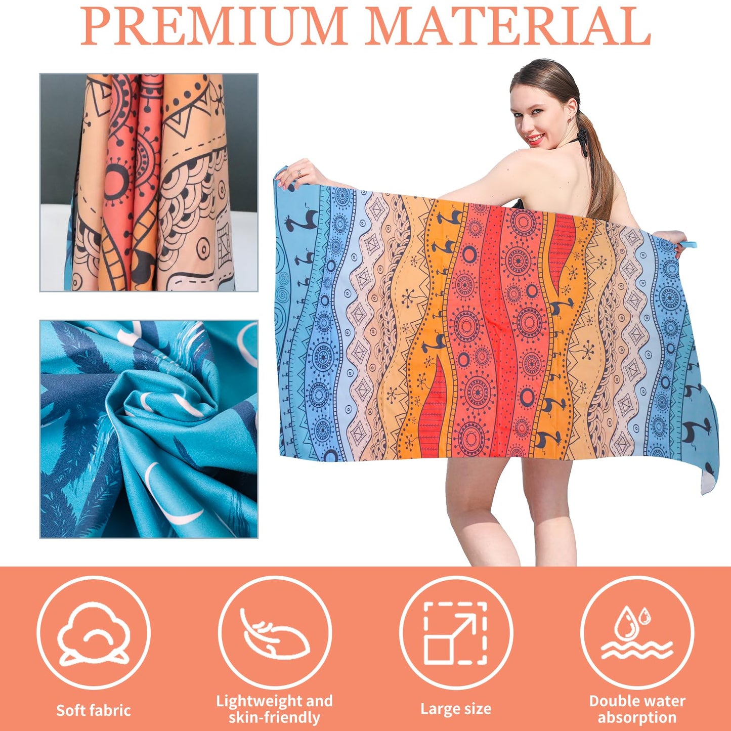 TMEOG Microfibre Beach Towels 180x80cm Extra Large Sand Free Beach Towel for Adults Compact Thin Travel Towel Women Men Lightweight Swim Pool Yoga