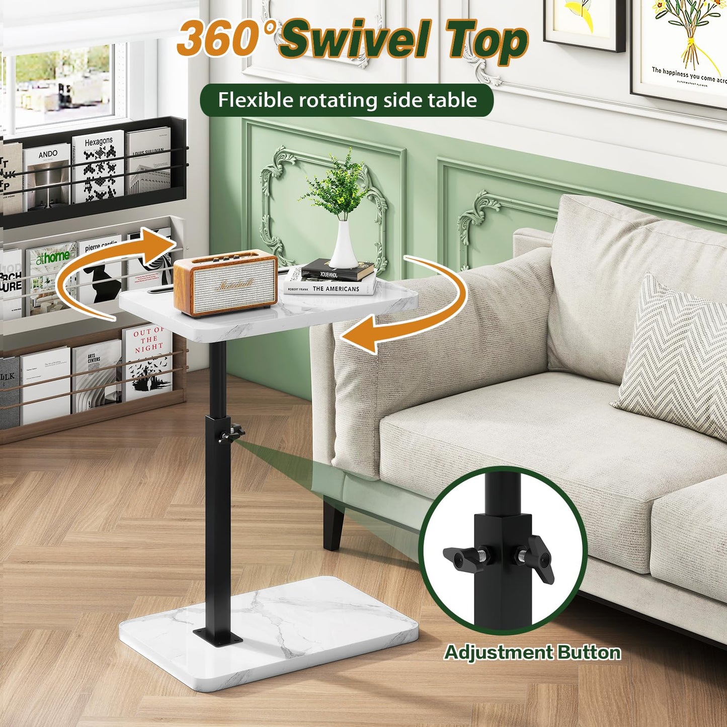 IBUYKE C Shaped Side Table,Height Adjustable,White with Black TVT003BW