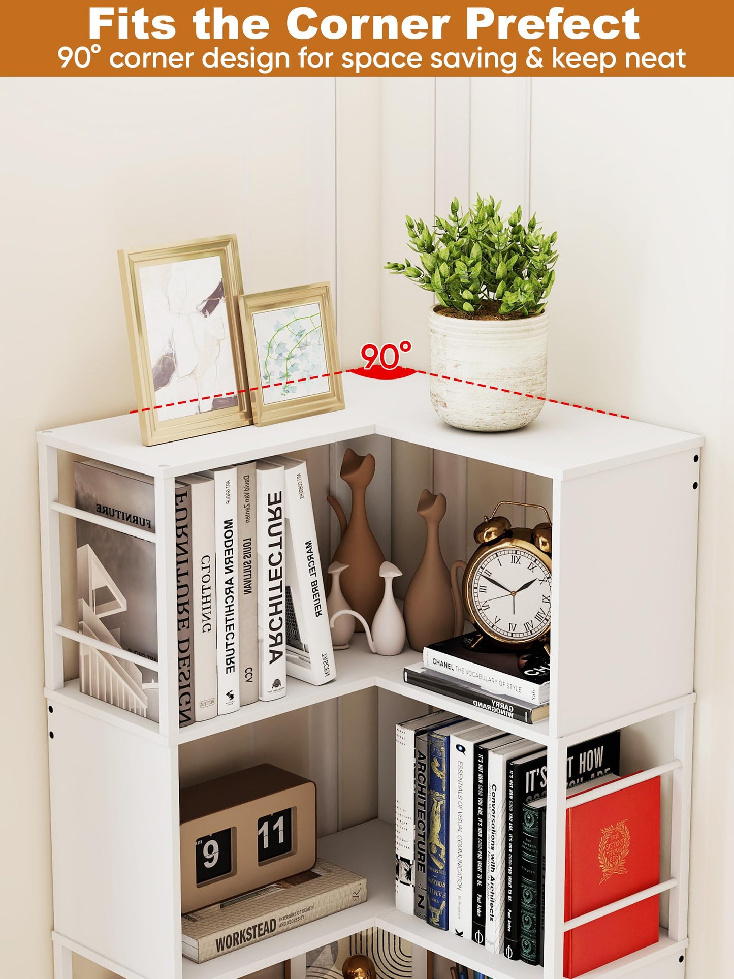 Quikraen 7-tier Corner Bookshelf, Tall L-Shaped Bookcase，White