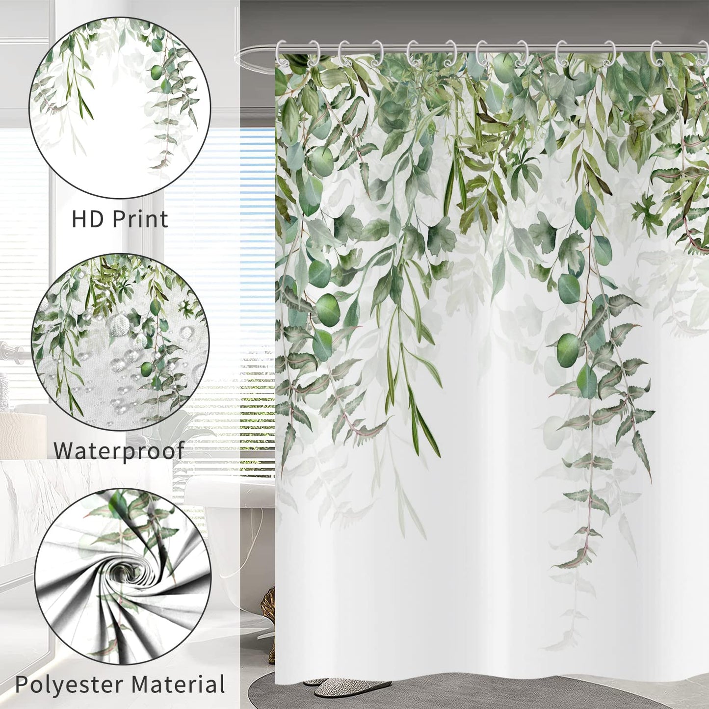 Hnmdmyi Green Leaf Shower Curtain 180x180, Eucalyptus Leaves Shower Curtains Watercolor Plant Botanical Nature Bathroom Curtains with Hooks