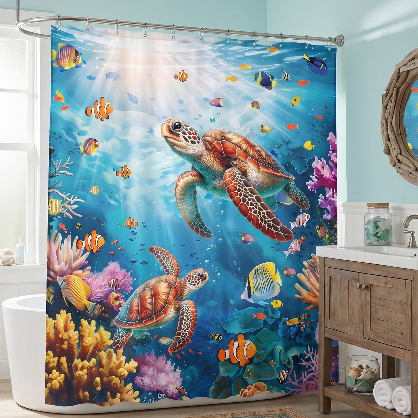 Luvart Shower Curtains for Bathroom, Sea Turtles Waterproof Shower Curtain 180 X 180 cm, Ocean Tropical Fishes Bath Curtain with Hooks Bathroom Decor