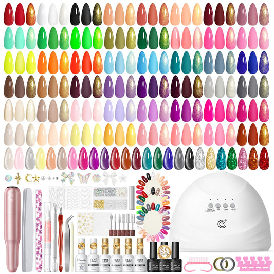 Peacecolor 83Pcs Gel Nail Kit with U V Lamp and Drill, 56 Colors Nail Polish Set Cat Eye Gel with Matte/Glossy Glitter Base Top Coat Soak Off Manicure