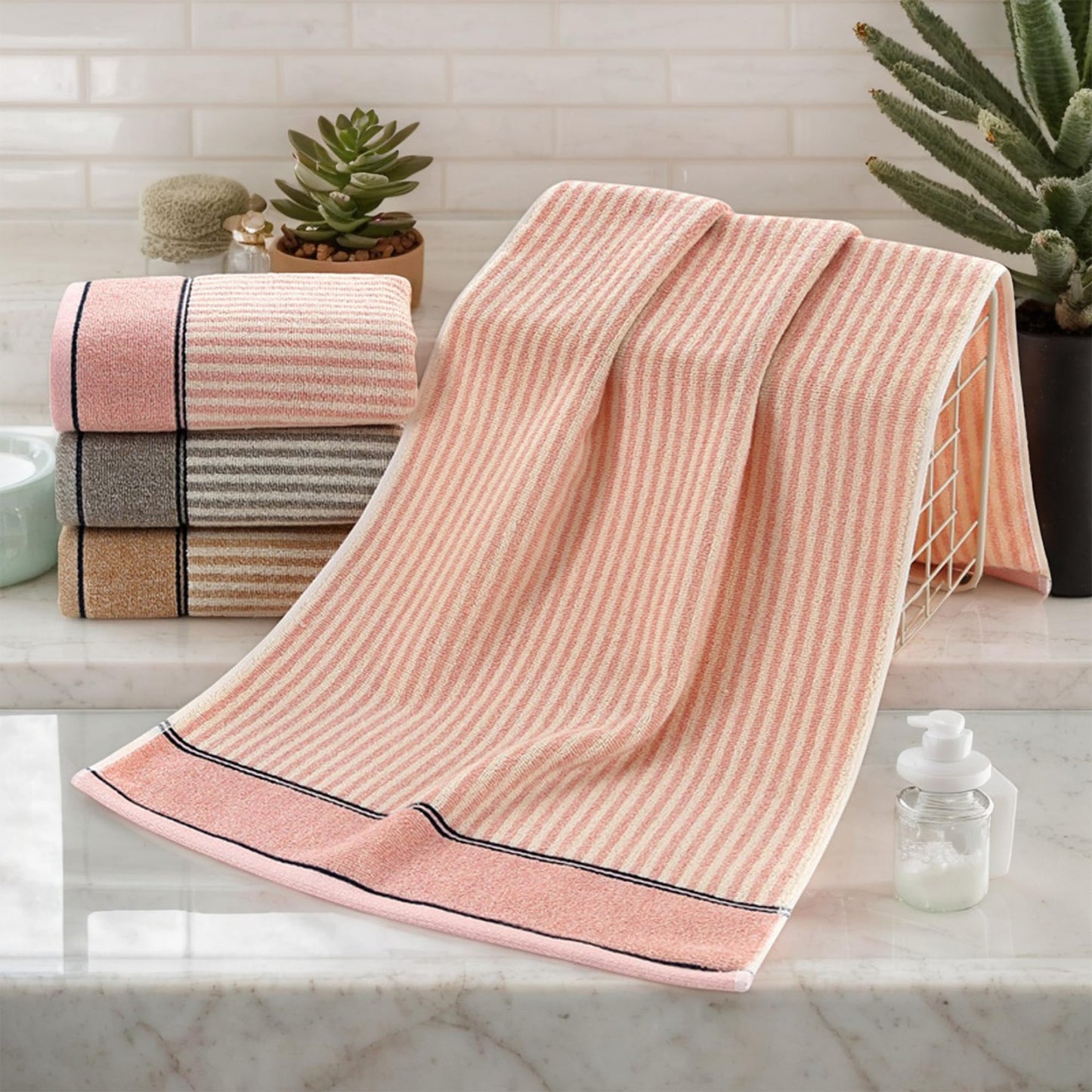 HMETOL Striped Cotton Soft Absorbent Decorative Bathroom Hand Towels