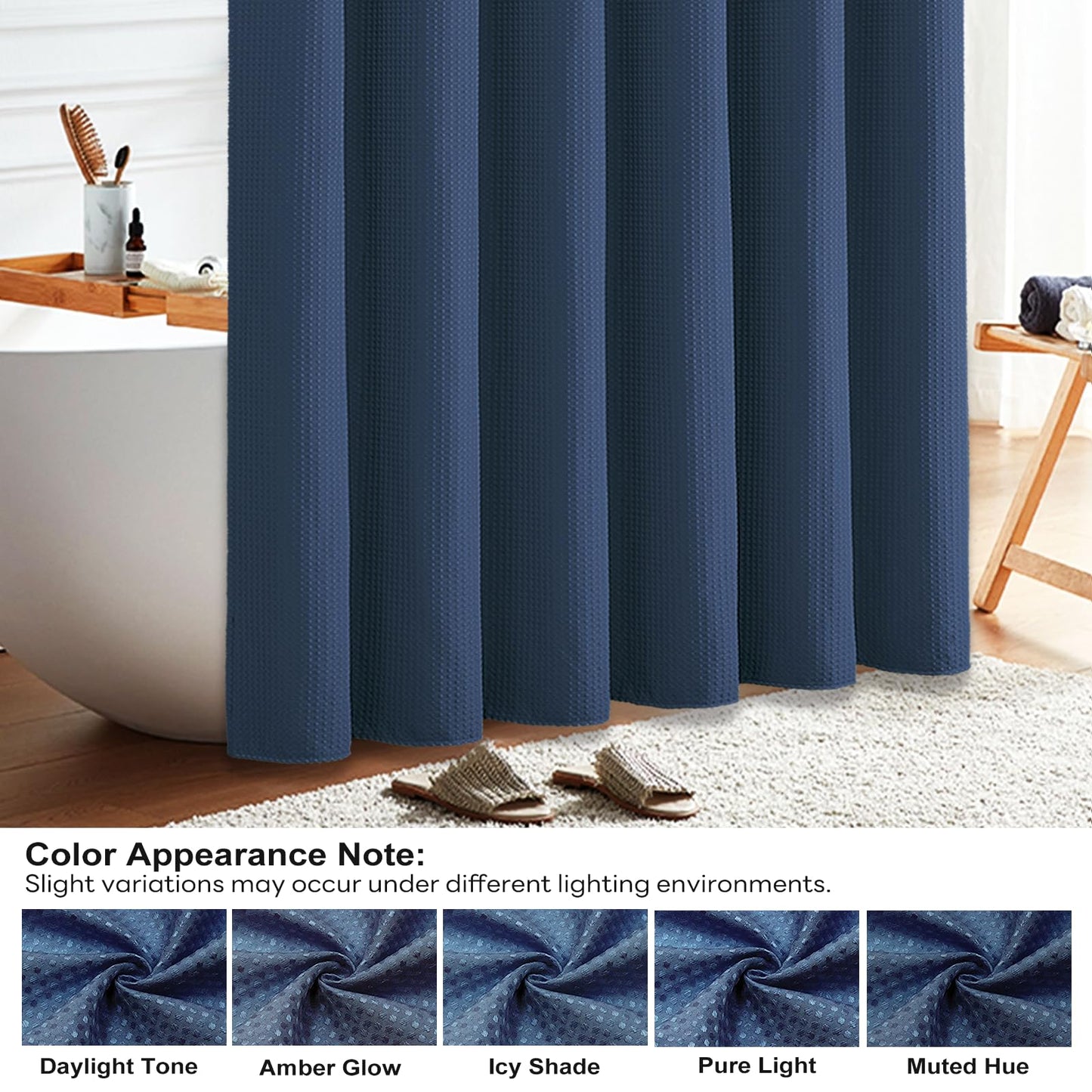 BTTN Waffle Weighted Shower Curtain, Waterproof, 182x182cm, Navy Blue